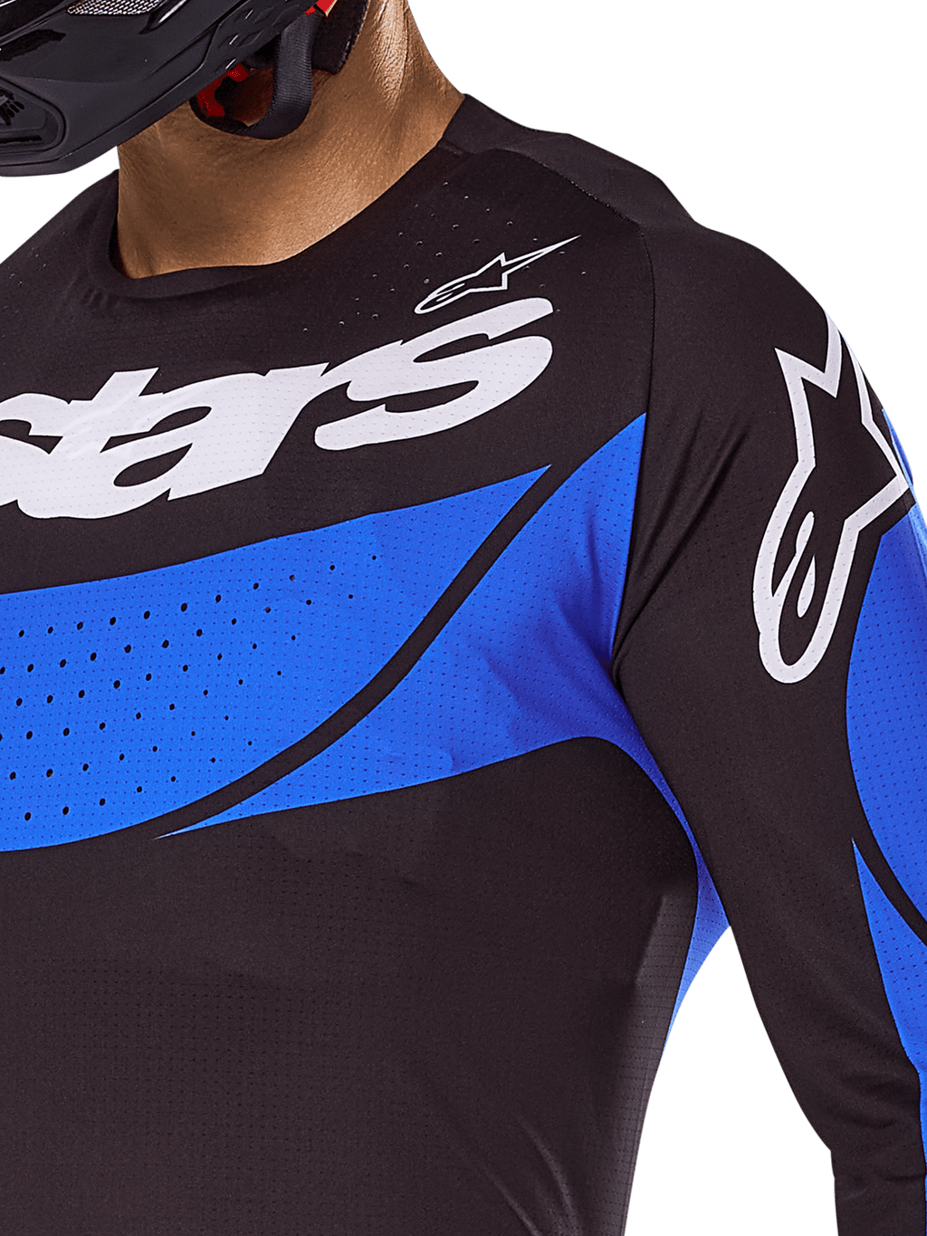 Alpinestars 2025 Techstar Dreem Trikot, belüftetes Motocross-Oberteil, Schwarz und Blau, lasergeschnittene Perforationen.