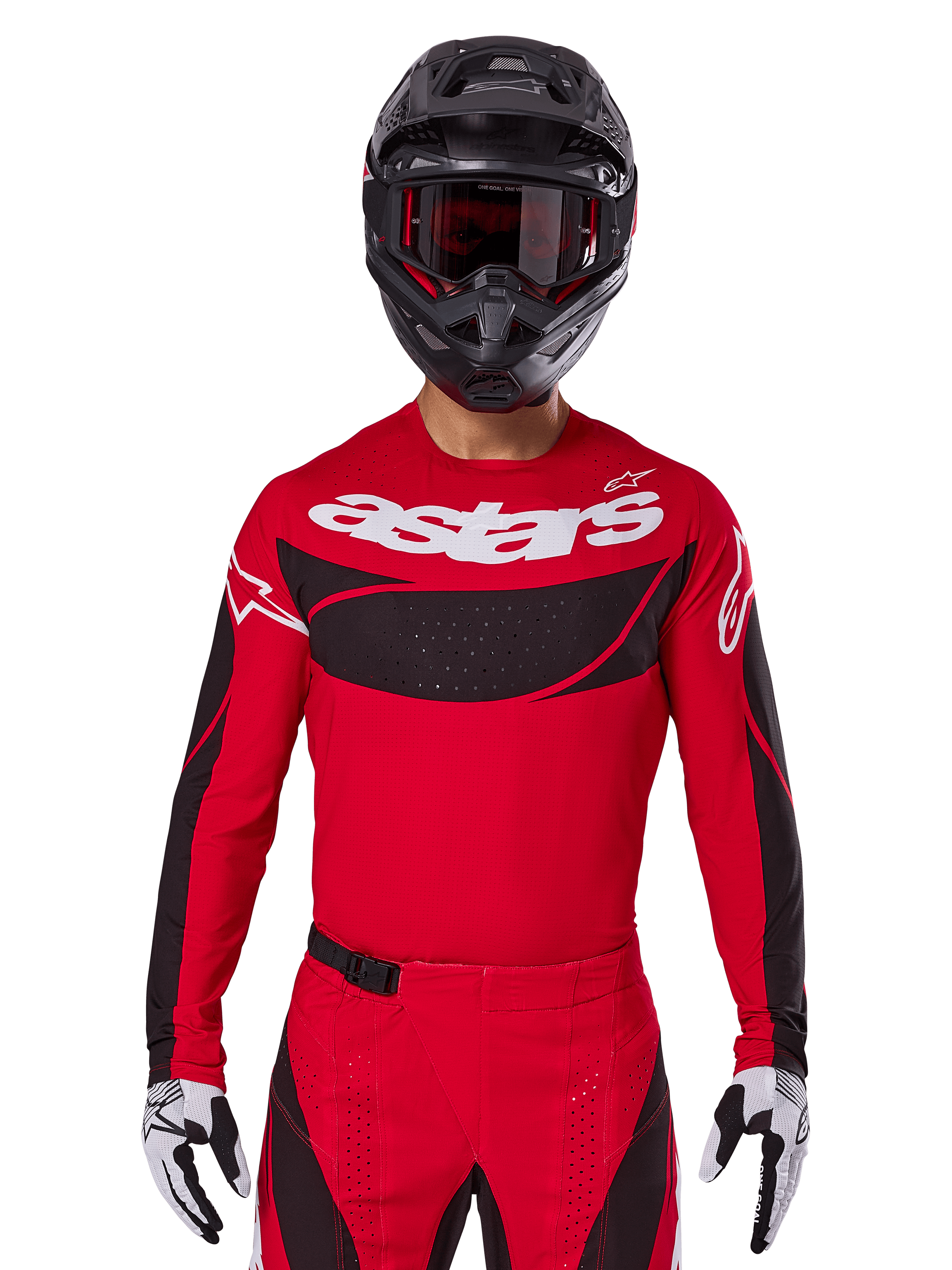Alpinestars 2025 Techstar Dreem Jersey, Motocross Gear, Bright Red and Black, featuring a white 'astars' logo and black ventilated chest panel, worn with matching pants, black helmet, and white and black gloves, designed for professional off-road racing