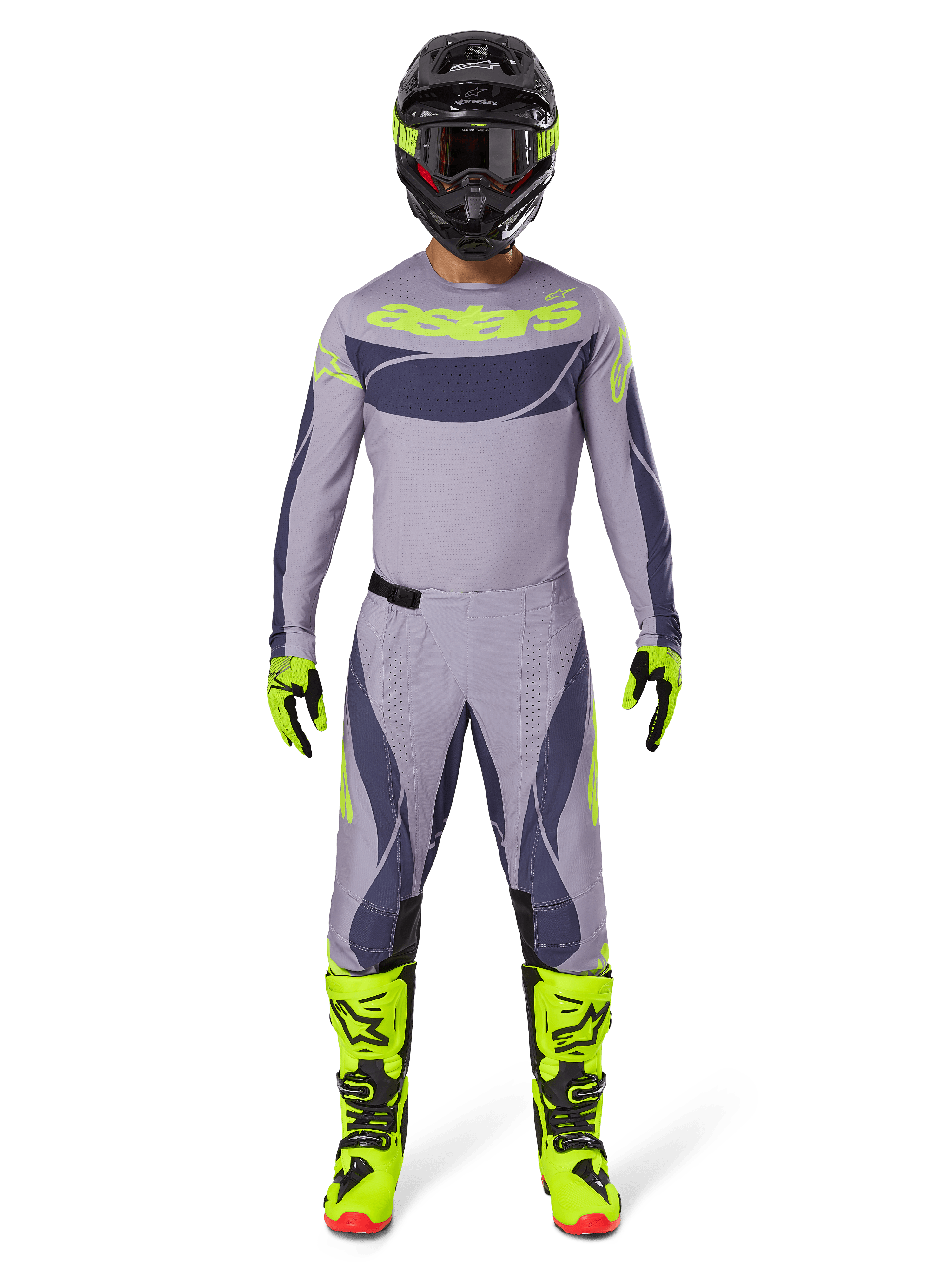 Motocross rider wearing the Alpinestars 2025 Techstar Dreem Gear Set in Gray and Dark Gray with bold neon yellow accents, complete with a matching jersey, pants, neon yellow boots, and a black helmet, designed for professional off-road racing.