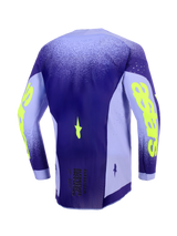 Alpinestars 2026 Supertech Scenz Jersey, Motocross Jersey, Purple and Yellow Fluo, back view showing the extended rear profile, lightweight stretch mesh side panels with laser-cut perforations, and bold neon yellow branding on the sleeves.