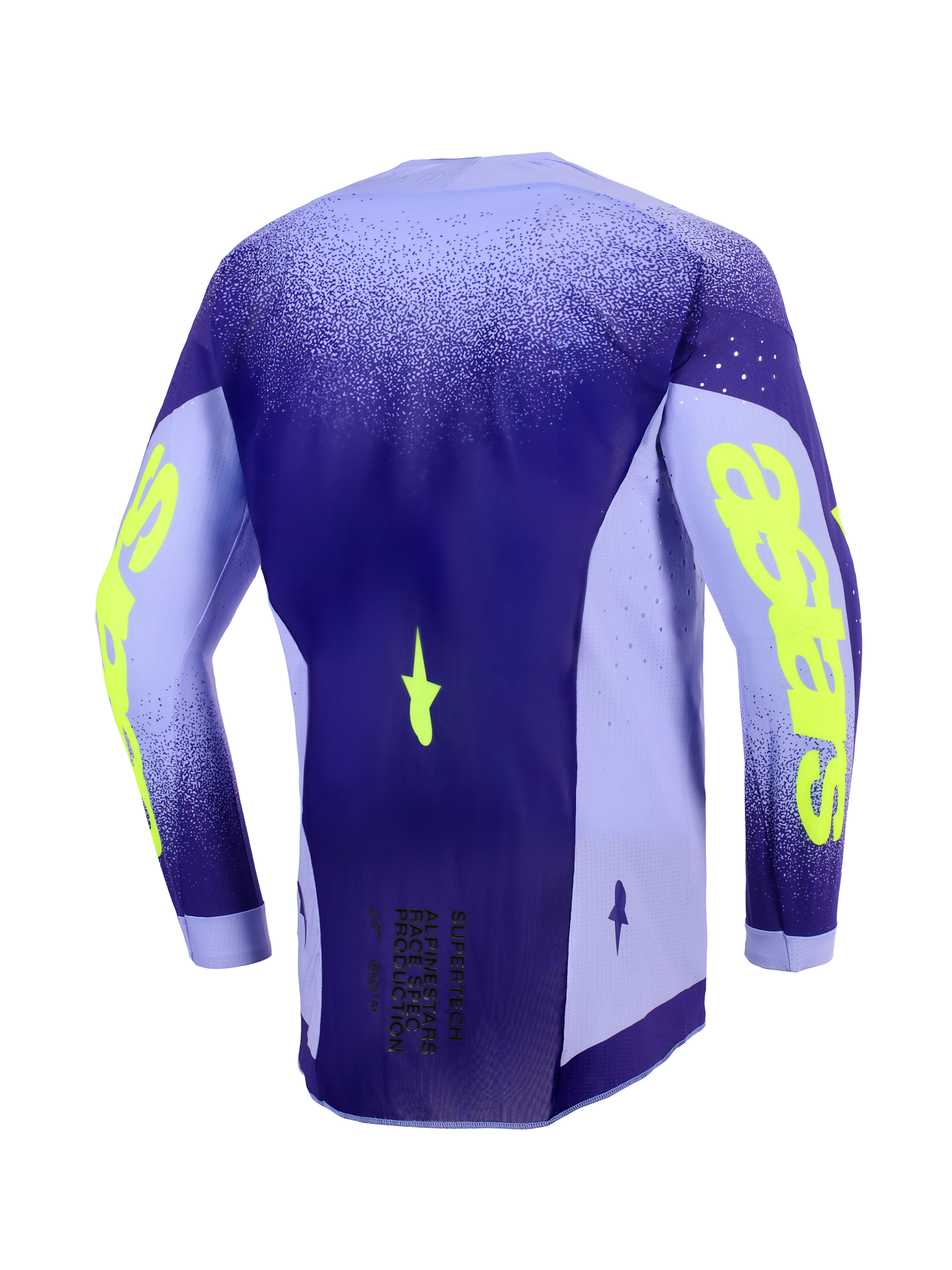 Alpinestars 2026 Supertech Scenz Jersey, Motocross-Trikot, Lila und Neongelb, Rückansicht mit verlängertem Rückenprofil, leichte Stretch-Mesh-Seiteneinsätze mit lasergeschnittenen Perforationen, markantes neongelbes Branding auf den Ärmeln