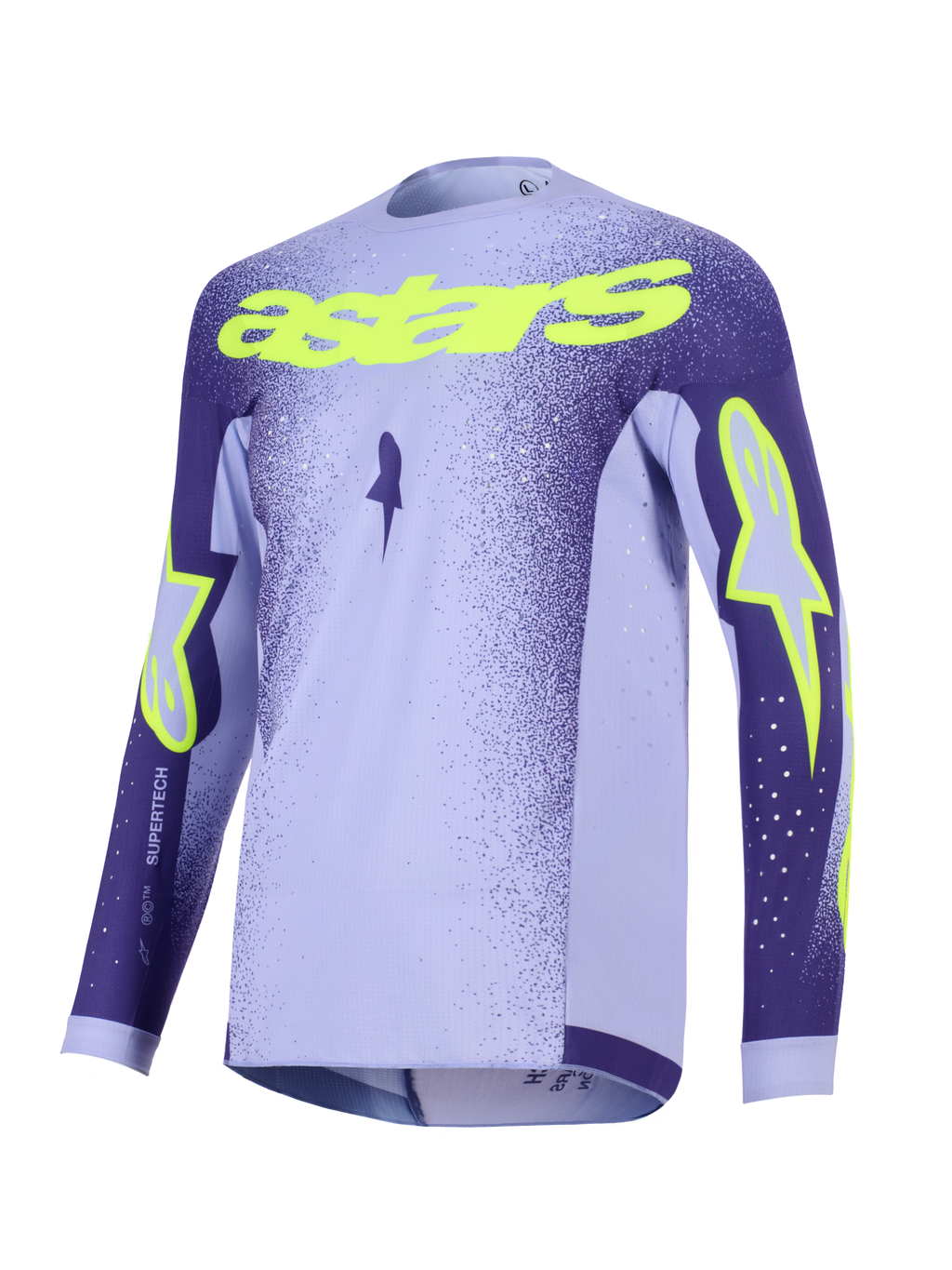 Alpinestars 2026 Supertech Scenz Trikot, Motocross-Trikot, Lila und Neongelb, mit lavendelfarbenen und dunkellila Einsätzen, neongelbem 'astars' Schriftzug und Stern-Logos, leichtes Performance-Mesh-Design für den Offroad-Rennsport