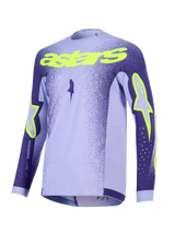 Alpinestars 2026 Supertech Scenz Jersey, Motocross Jersey, Purple and Yellow Fluo, featuring lavender and dark purple panels with neon yellow 'astars' text and star logos, lightweight performance mesh design for off-road racing