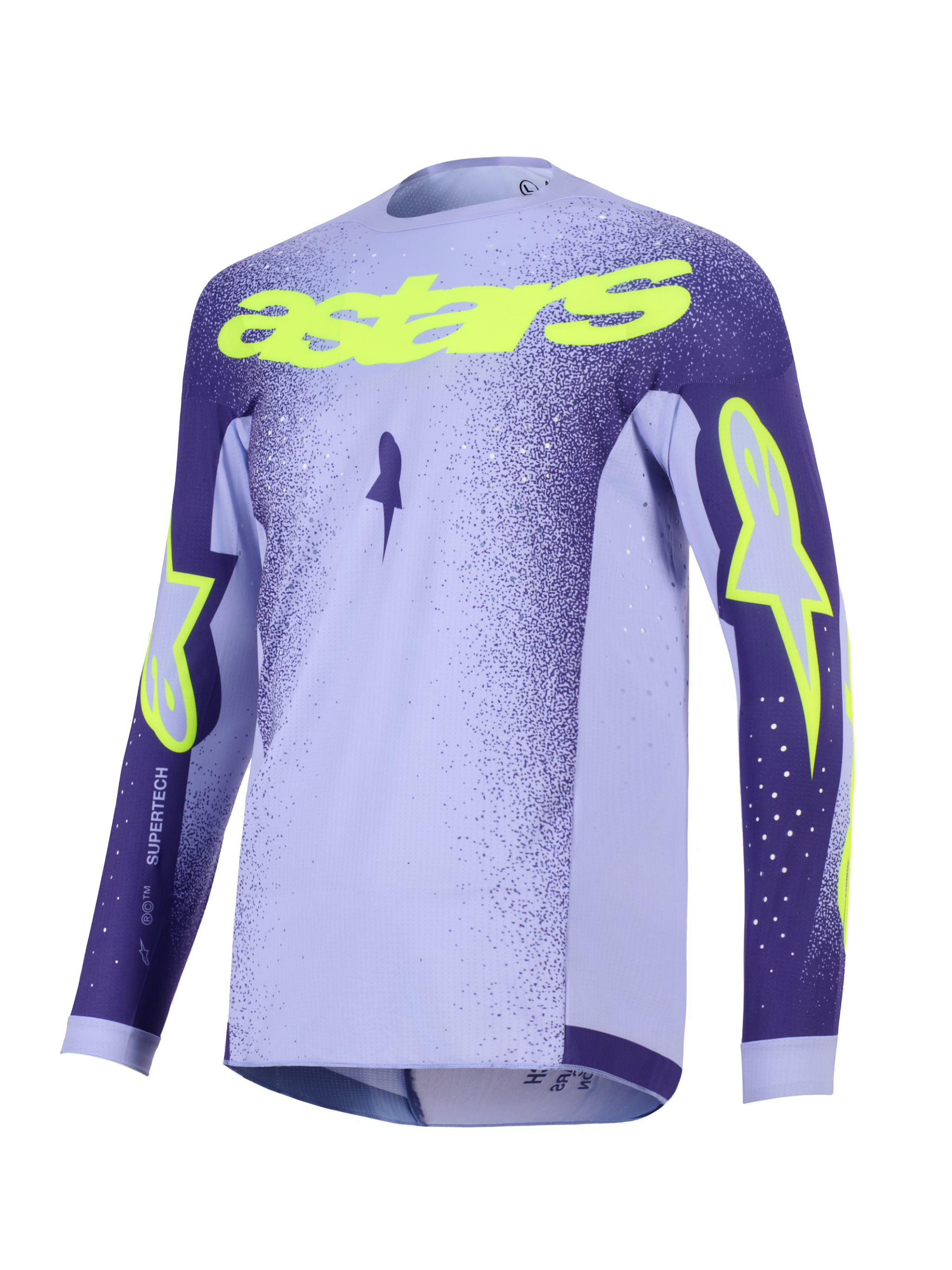 Alpinestars 2026 Supertech Scenz Jersey, Motocross Jersey, Purple and Yellow Fluo, featuring lavender and dark purple panels with neon yellow 'astars' text and star logos, lightweight performance mesh design for off-road racing