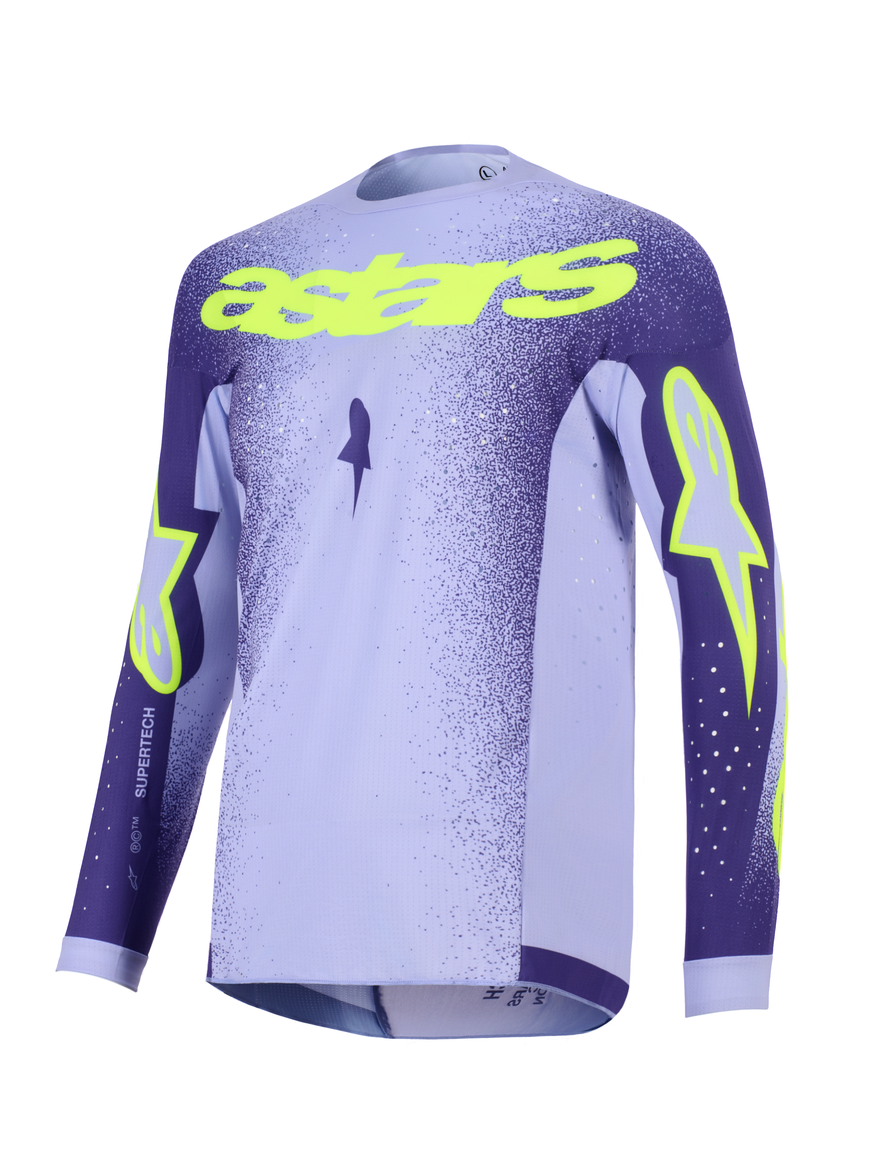 Alpinestars 2026 Supertech Scenz Trikot, Motocross-Trikot, Lila und Neongelb, mit lavendelfarbenen und dunkellila Einsätzen, neongelbem 'astars' Schriftzug und Stern-Logos, leichtes Performance-Mesh-Design für den Offroad-Rennsport