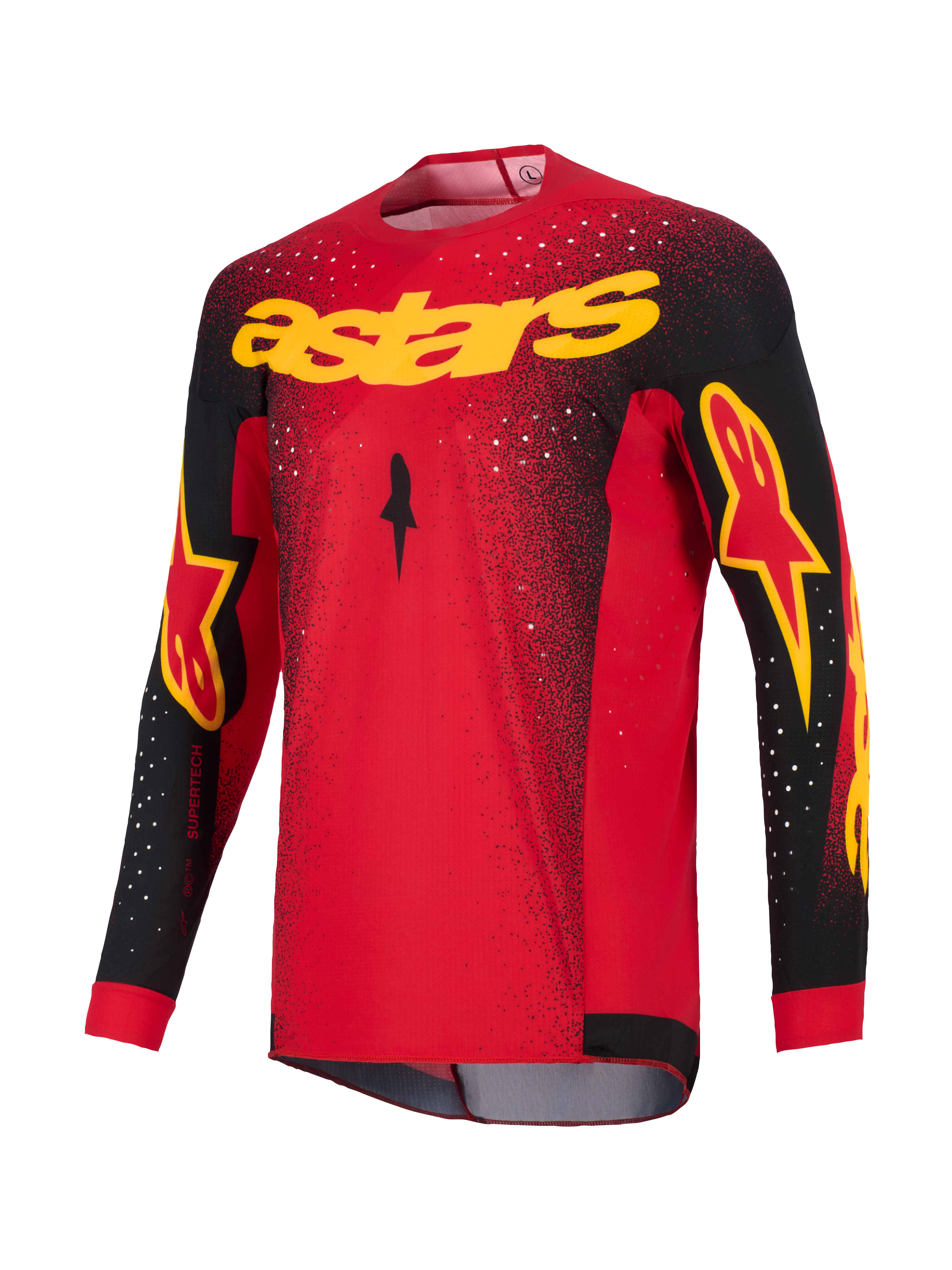 Alpinestars 2026 Supertech Scenz Jersey, Motocross Jersey, Red Black and Yellow, featuring yellow 'astars' branding on the chest, black sleeves with logo accents, and white speckled pattern on the shoulders and upper body