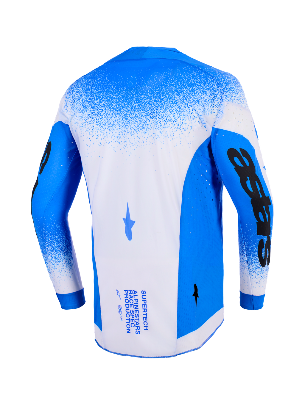 Alpinestars 2026 Supertech Scenz Trikot, Rückansicht, Ucla Blue und Weiß, professionelles Motocross-Trikot mit Mesh-Konstruktion und lasergeschnittenen Perforationen, markante schwarze Ärmelgrafiken und technisches Branding auf der Rückseite.