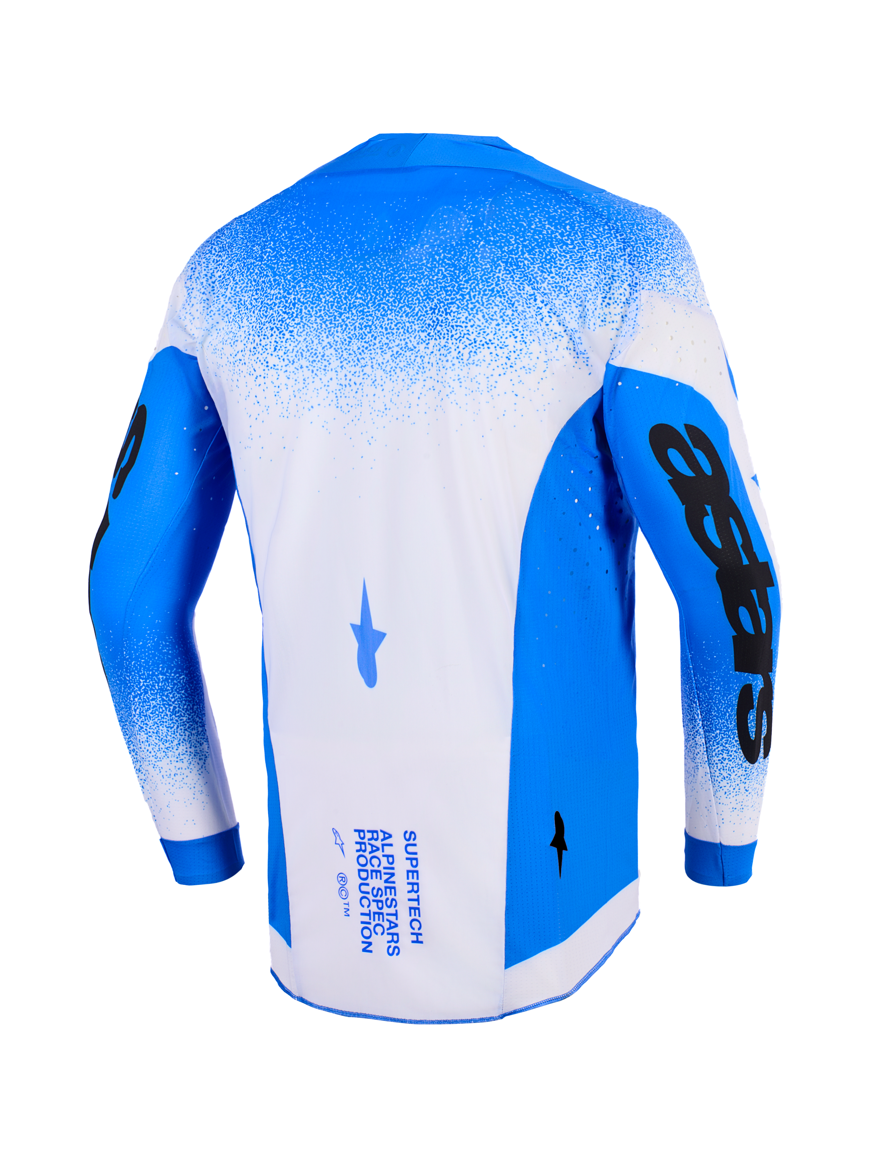 Alpinestars 2026 Supertech Scenz Trikot, Rückansicht, Ucla Blue und Weiß, professionelles Motocross-Trikot mit Mesh-Konstruktion und lasergeschnittenen Perforationen, markante schwarze Ärmelgrafiken und technisches Branding auf der Rückseite.