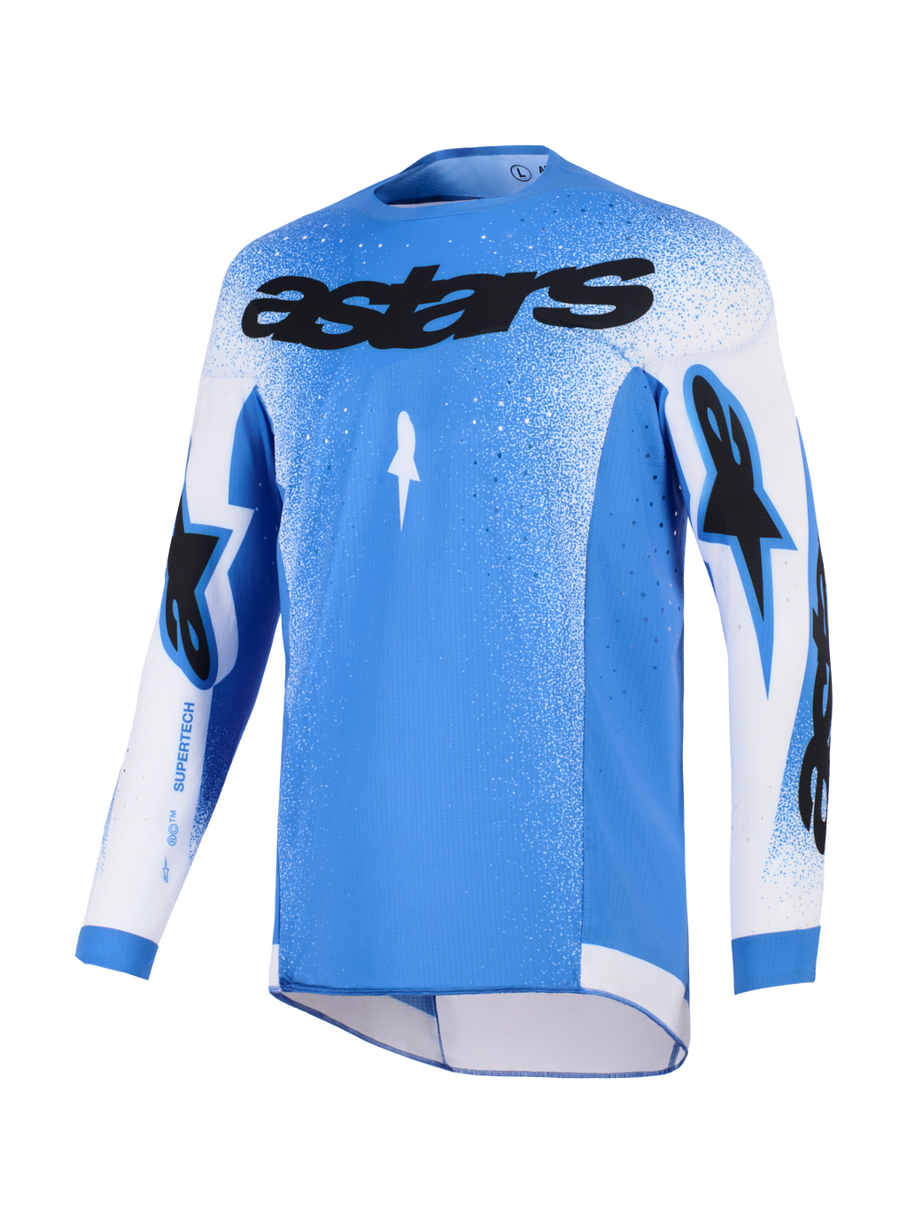 Alpinestars 2026 Supertech Scenz Trikot, Motocross-Trikot, UCLA Blau und Weiß, mit schwarzem Astars-Brustlogo, gesprenkeltes Design mit Farbverlauf an Schultern und Ärmeln, leichtes Stretch-Mesh, athletische Rennpassform für den Offroad-Rennsport