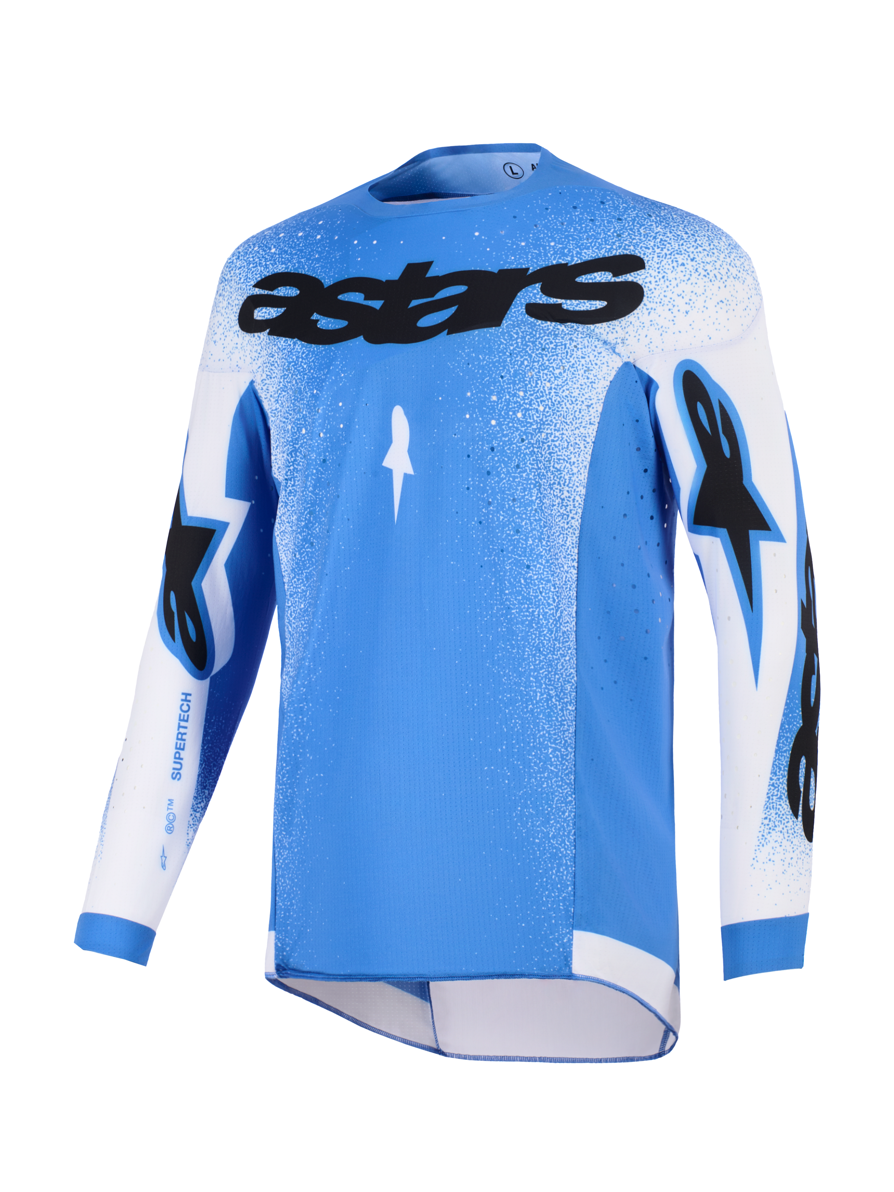 Alpinestars 2026 Supertech Scenz Trikot, Motocross-Trikot, UCLA Blau und Weiß, mit schwarzem Astars-Brustlogo, gesprenkeltes Design mit Farbverlauf an Schultern und Ärmeln, leichtes Stretch-Mesh, athletische Rennpassform für den Offroad-Rennsport