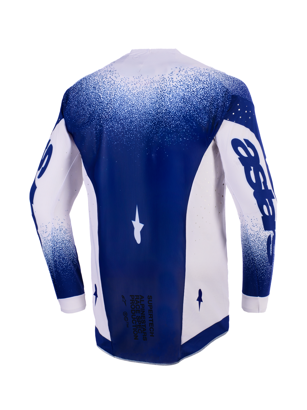 Alpinestars 2026 Supertech Scenz Trikot, Rückansicht, Hellgrau und Dunkelblau, professionelles Motocross-Trikot mit lasergeschnittenen Perforationen an den Seitenpaneelen, dunkelblaues Mittelpaneel mit 'Race Spec'-Text am unteren Rand, athletische Rennpassform