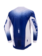 Alpinestars 2026 Supertech Scenz Trikot, Rückansicht, Hellgrau und Dunkelblau, professionelles Motocross-Trikot mit lasergeschnittenen Perforationen an den Seitenpaneelen, dunkelblaues Mittelpaneel mit 'Race Spec'-Text am unteren Rand, athletische Rennpassform
