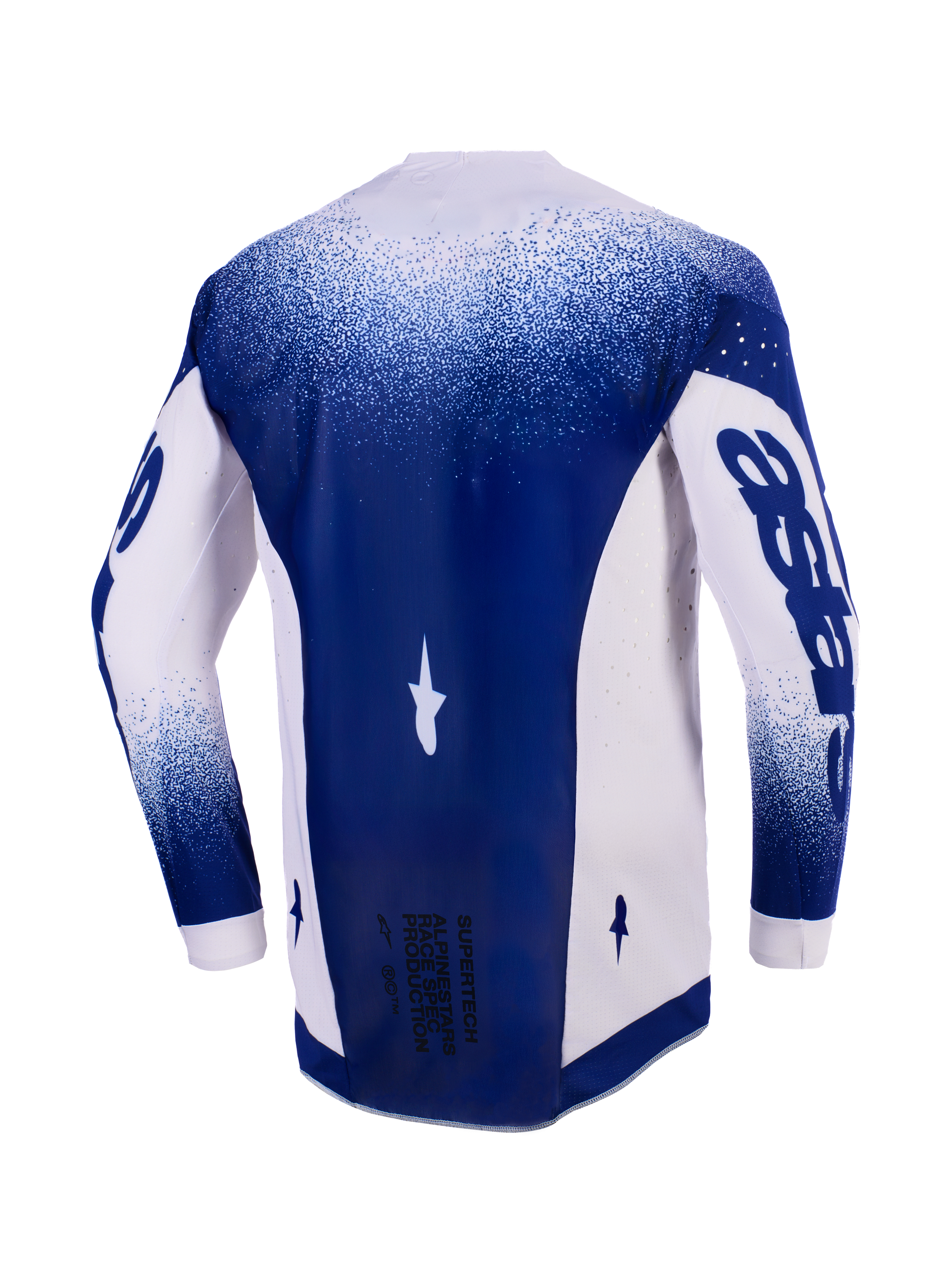 Alpinestars 2026 Supertech Scenz Trikot, Rückansicht, Hellgrau und Dunkelblau, professionelles Motocross-Trikot mit lasergeschnittenen Perforationen an den Seitenpaneelen, dunkelblaues Mittelpaneel mit 'Race Spec'-Text am unteren Rand, athletische Rennpassform