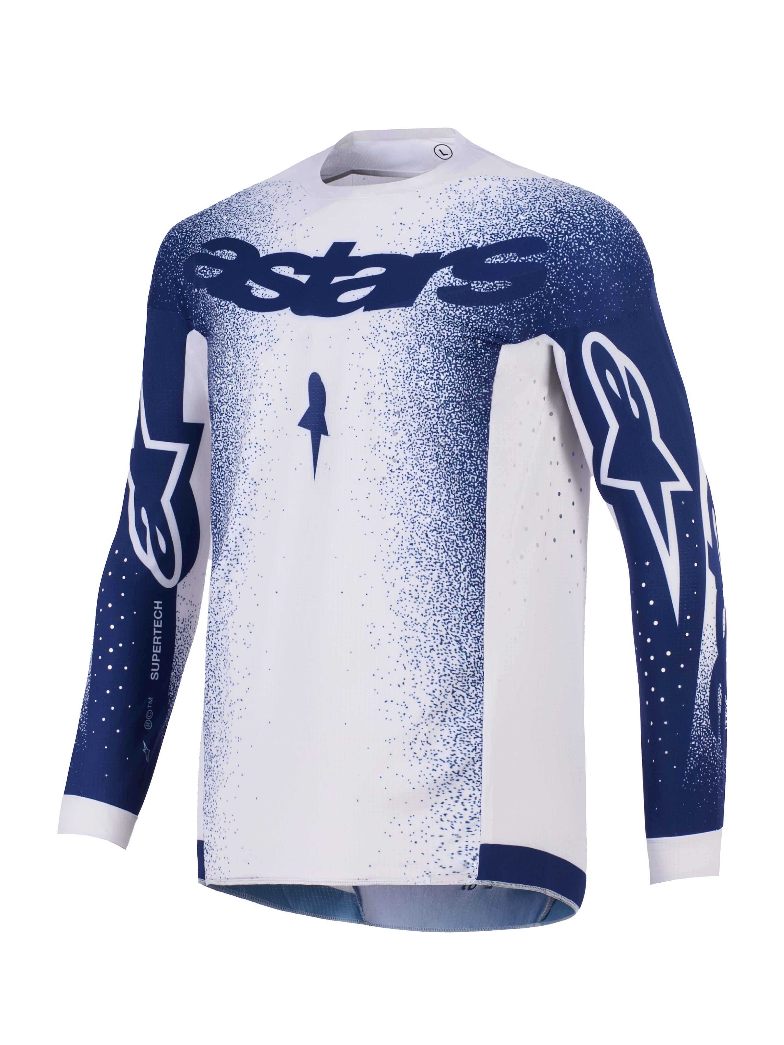 Alpinestars 2026 Supertech Scenz Trikot, Motocross-Jersey, Hellgrau und Dunkelblau, mit dunkelblauem Astars-Branding auf der Brust und den Ärmeln, Farbverlauf-Sprenkelmuster, lasergeschnittene Perforationen zur Belüftung, professionelle Offroad-Rennausrüstung