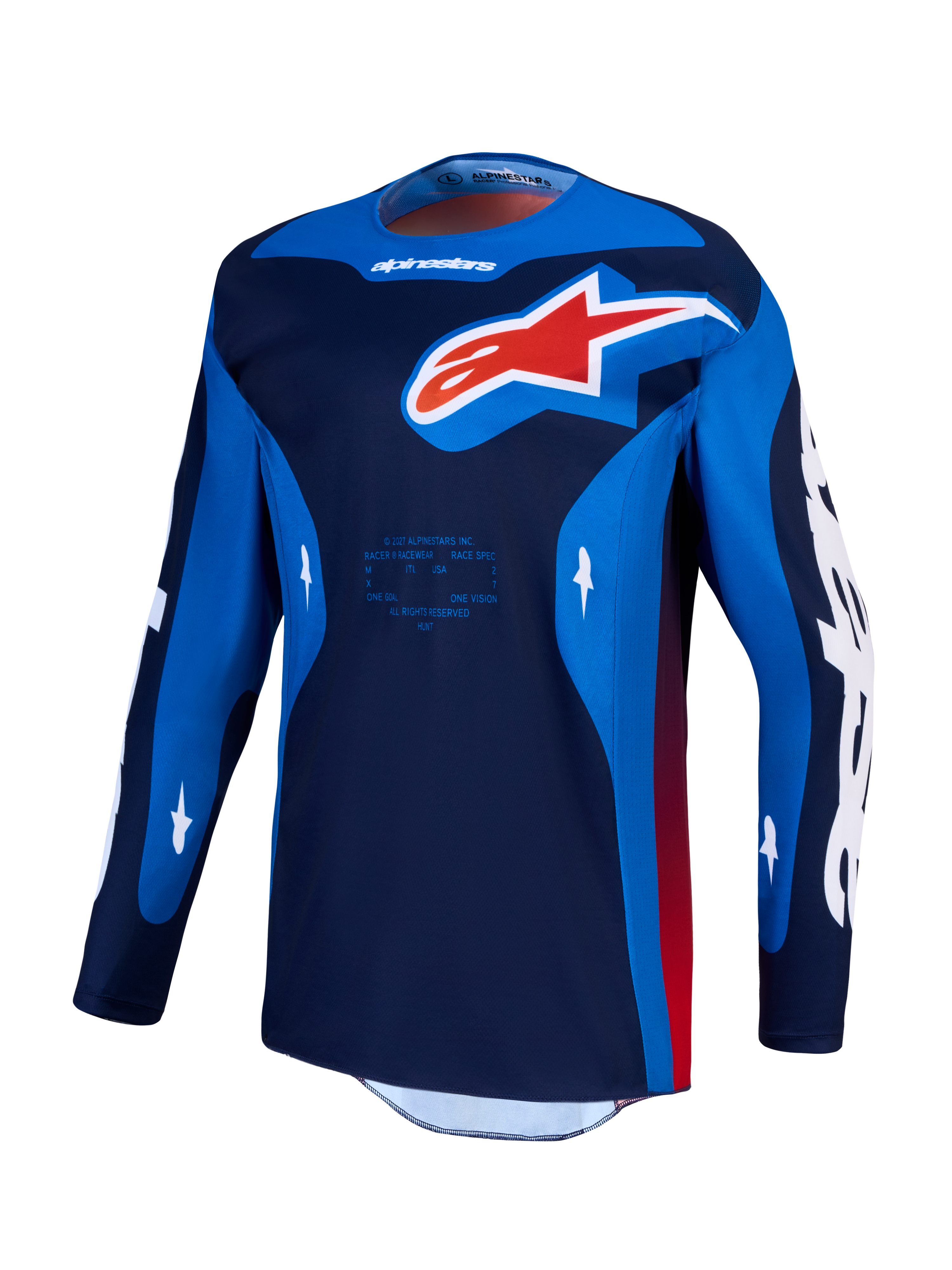 Alpinestars Racer Hunt Trikot, Motocross-Trikot für Herren, Blau und Rot, feuchtigkeitsableitende Polygewebe-Konstruktion.