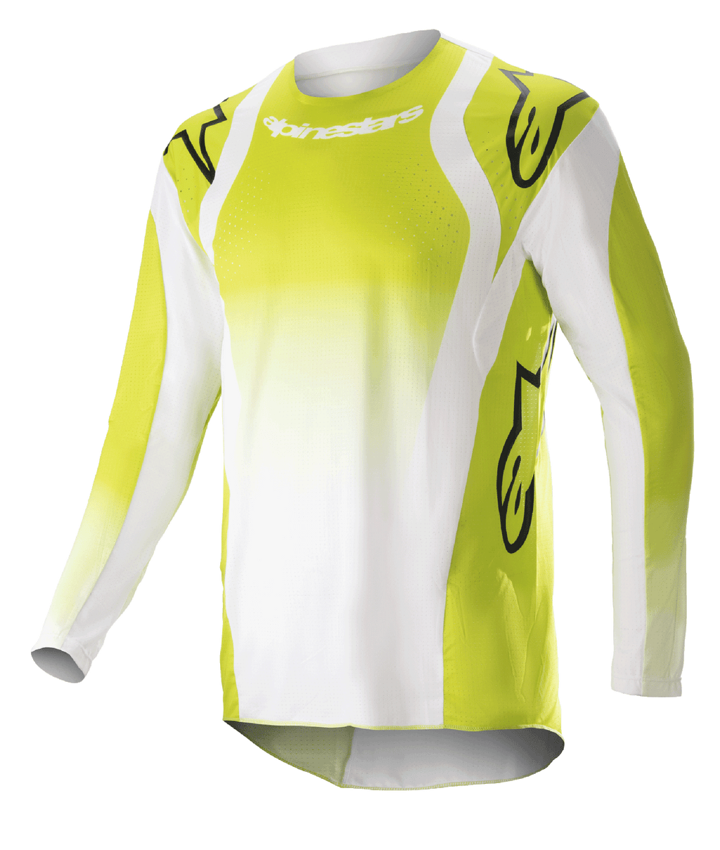 Alpinestars 2023 Techstar Push Trikot, Langarm-Motocross-Jersey, Gelb Fluo und Weiß, mit großen schwarzen Astars-Logos auf Schultern und Ärmeln, perforiertem Funktionsmaterial, Rundhalsausschnitt und verlängertem Rückensaum für den Offroad-Rennsport