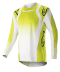 Alpinestars 2023 Techstar Push Trikot, Langarm-Motocross-Jersey, Gelb Fluo und Weiß, mit großen schwarzen Astars-Logos auf Schultern und Ärmeln, perforiertem Funktionsmaterial, Rundhalsausschnitt und verlängertem Rückensaum für den Offroad-Rennsport