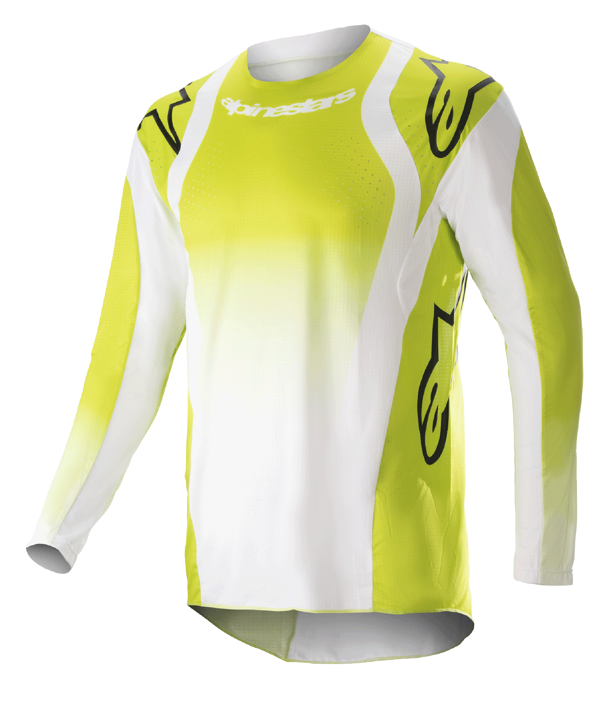 Alpinestars 2023 Techstar Push Jersey, Motocross Long-Sleeve Jersey, Yellow Fluo and White, featuring large black Astars logos on shoulders and sleeves, perforated performance fabric, round neckline, and extended back hem for off-road racing