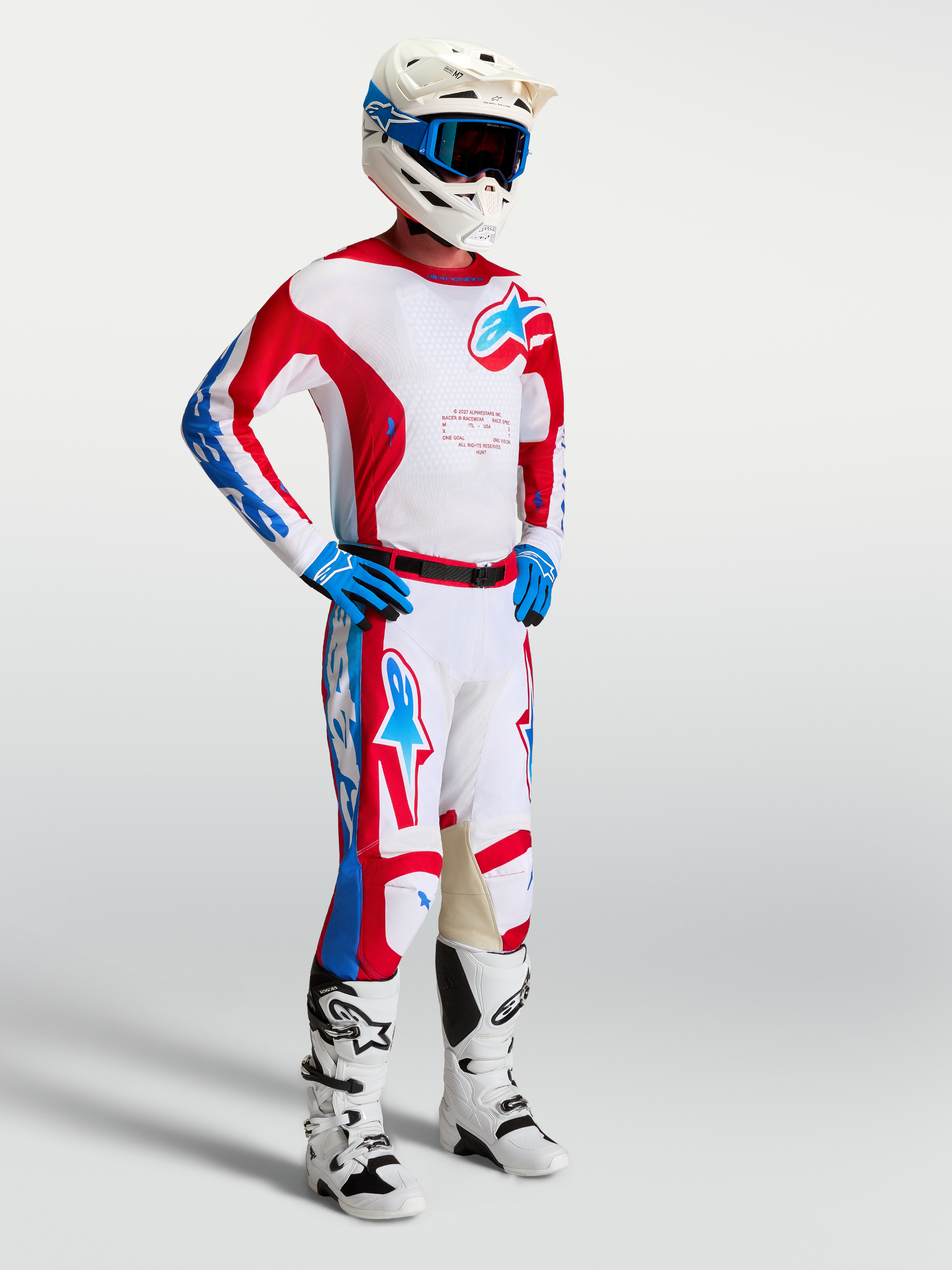 Alpinestars 2027 Racer Hunt Gear Set and Pants, Men's Motocross Outfit, Red and White, performance racing fit.
