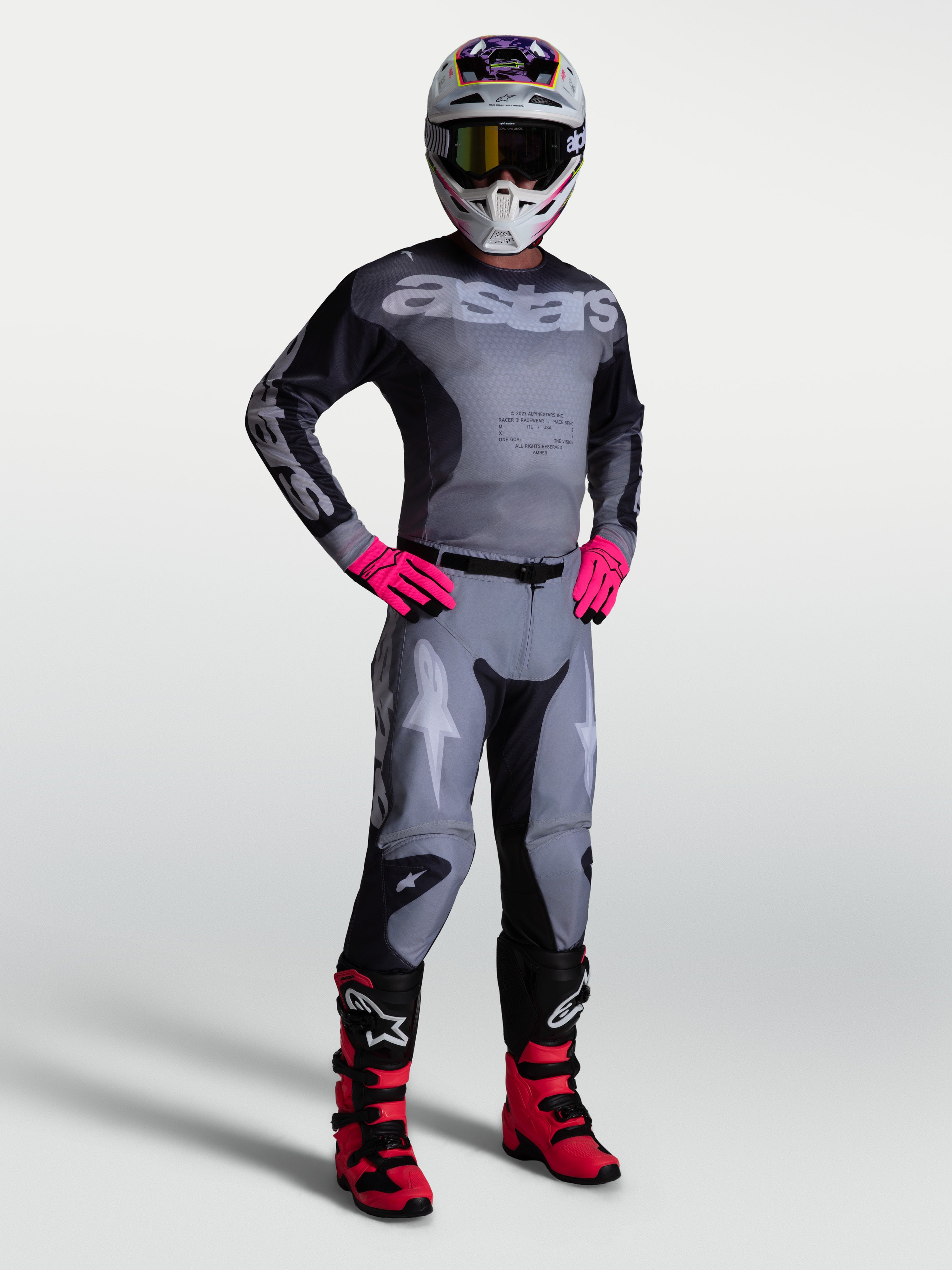 Alpinestars 2027 Racer Amber Jersey and Gear Set, men's gray and pink motocross outfit with an athletic fit.