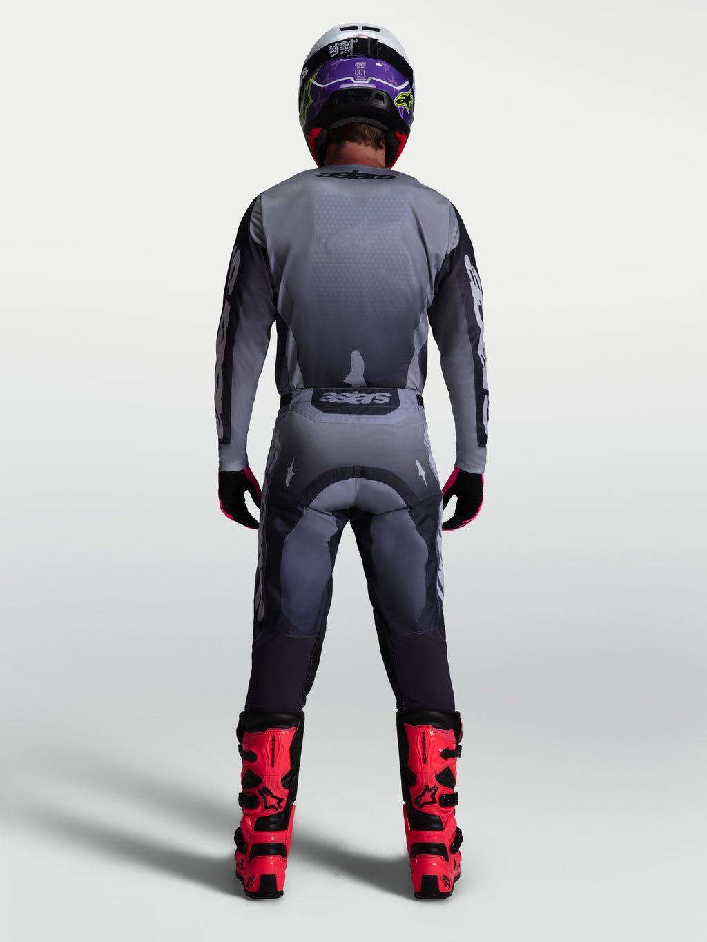 Alpinestars 2027 Racer Amber Gear Set, back view of Men's Gray and Lilac Motocross Jersey and Pants on-model.