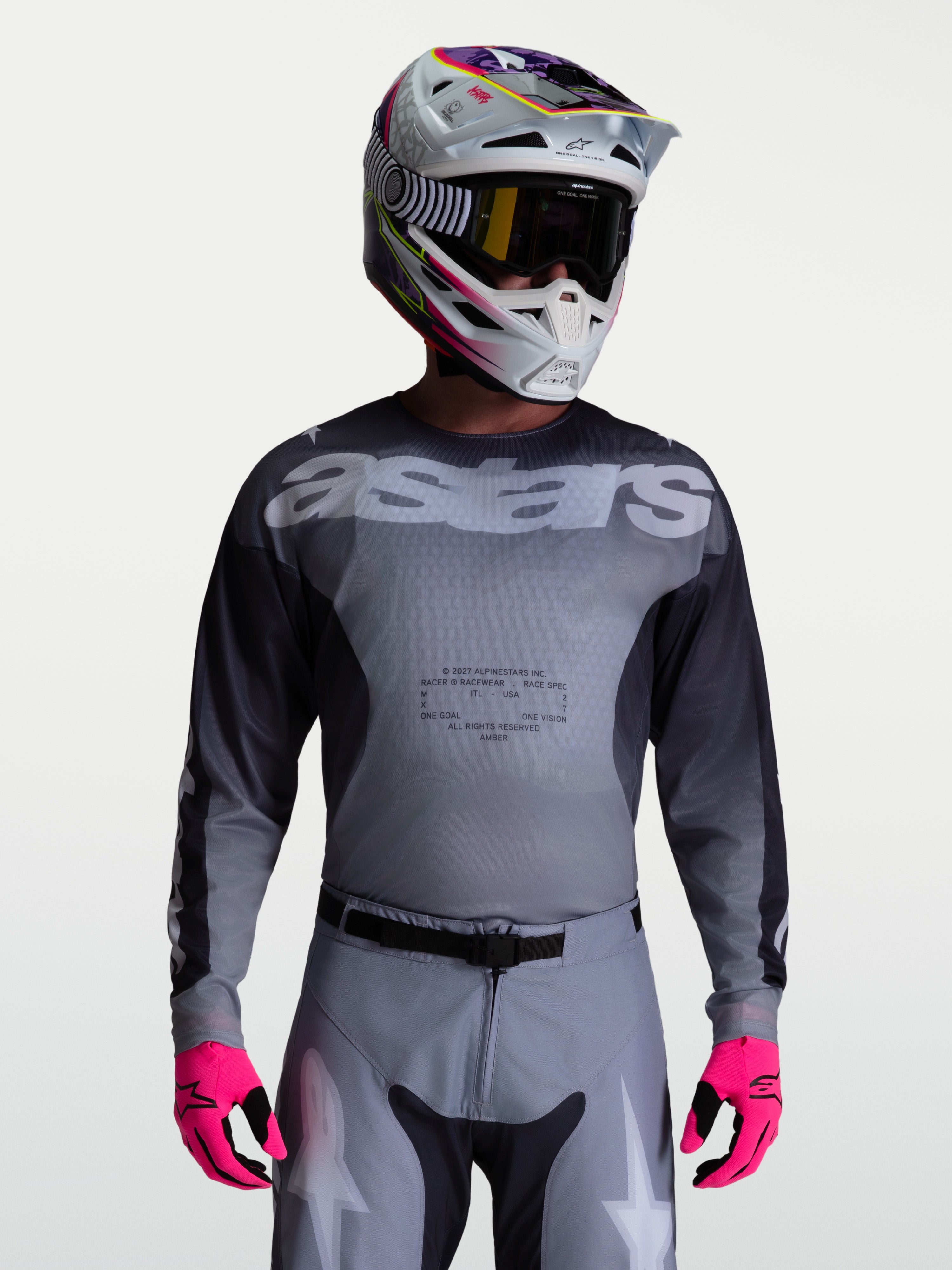Alpinestars Racer Amber Trikot, Motocross-Renntrikot für Herren, Grau und Anthrazit, feuchtigkeitsableitendes Polygewebe.