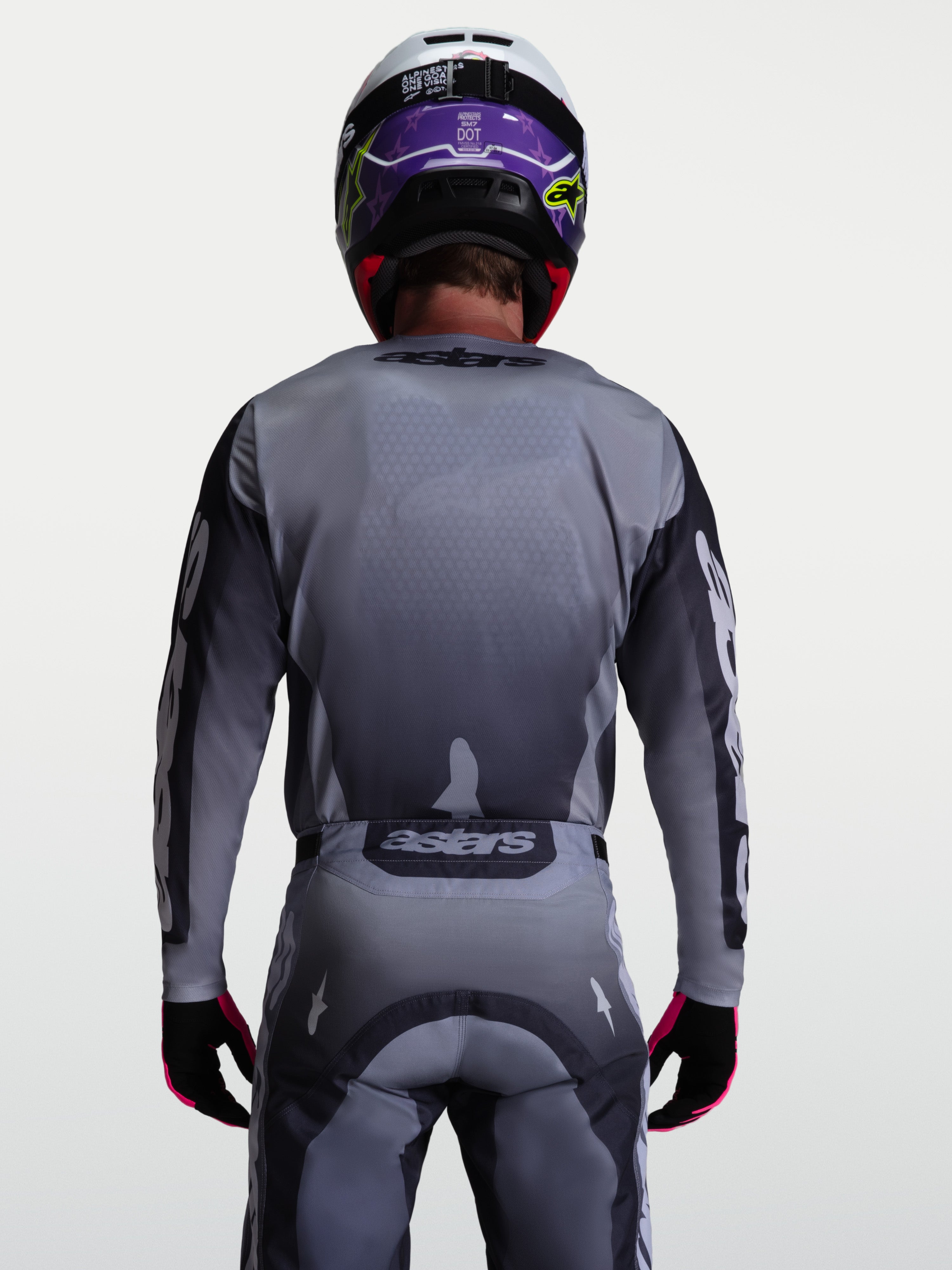 Alpinestars Racer Amber Trikot, Motocross-Trikot für Offroad-Fahrten, Rückansicht, Grau und Helllila, atmungsaktives Material
