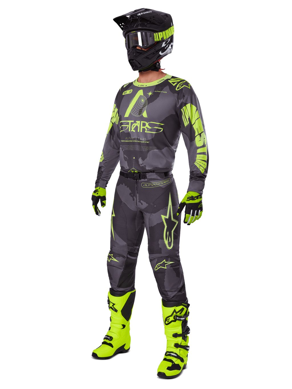 Alpinestars 2025 Racer Hollow Ausrüstungsset, komplettes Motocross-Outfit, graues Camouflage-Muster und Neongelb, inklusive Trikot, Hose, passendem schwarz-gelbem Helm, Brille, Handschuhen und leuchtend gelben Stiefeln, Hochleistungs-Offroad-Rennbekleidung