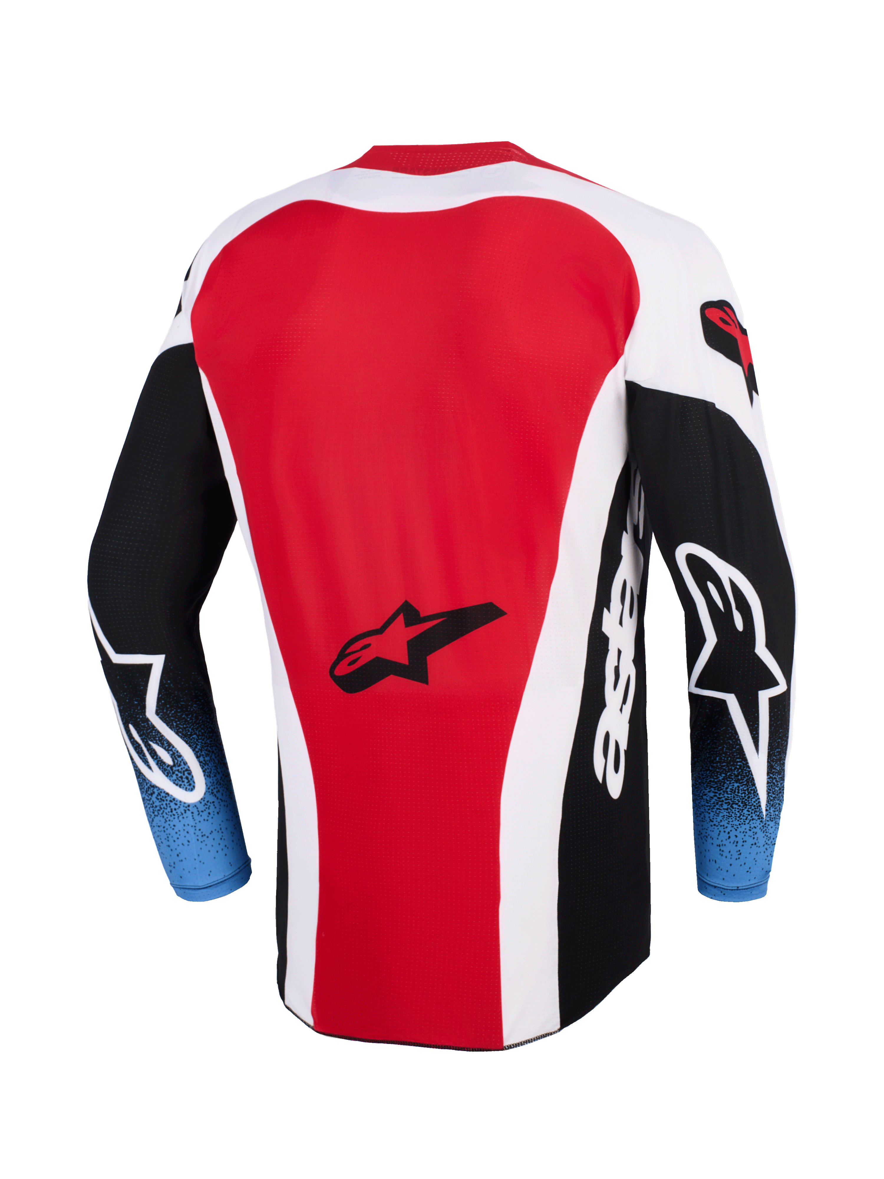 Alpinestars 2026 Techstar Knif Jersey, Motocross-Jersey, Rot, Weiß und Schwarz mit blauem Farbverlauf an den Ärmeln, Rückansicht mit Alpinestars Stern-Logo, verlängertes Rückenteil, athletische Rennpassform für Offroad-Rennsport