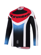 Alpinestars 2026 Techstar Knif Jersey, Motocross-Trikot, Schwarz, Weiß, Rot und Blauverlauf, athletische Rennpassform, langärmlige Performance-Ausrüstung mit markantem Alpinestars-Logo auf der Brust.