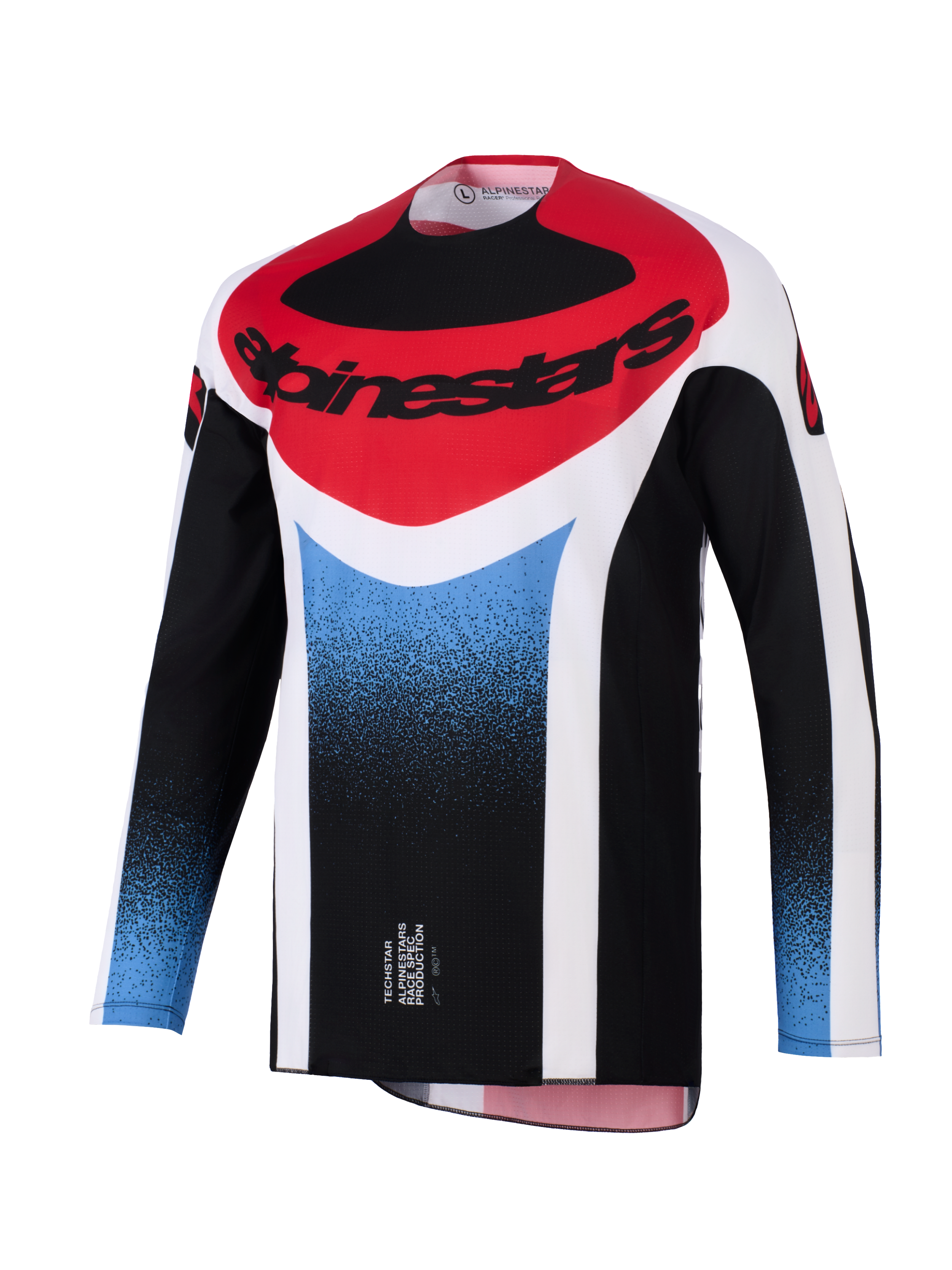 Alpinestars 2026 Techstar Knif Jersey, Motocross-Trikot, Schwarz, Weiß, Rot und Blauverlauf, athletische Rennpassform, langärmlige Performance-Ausrüstung mit markantem Alpinestars-Logo auf der Brust.