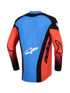 Alpinestars 2026 Techstar Knif Jersey, Motocross-Jersey, Rückansicht in Orange, Schwarz und UCLA-Blau, mit blauem Rückenteil mit weißem Stern-Logo, schwarzen Seitenteilen mit "astars"-Branding und orangefarbenen Ärmeln mit schwarzen Akzenten, leichte Performance-Ausrüstung für Offroad-Rennen