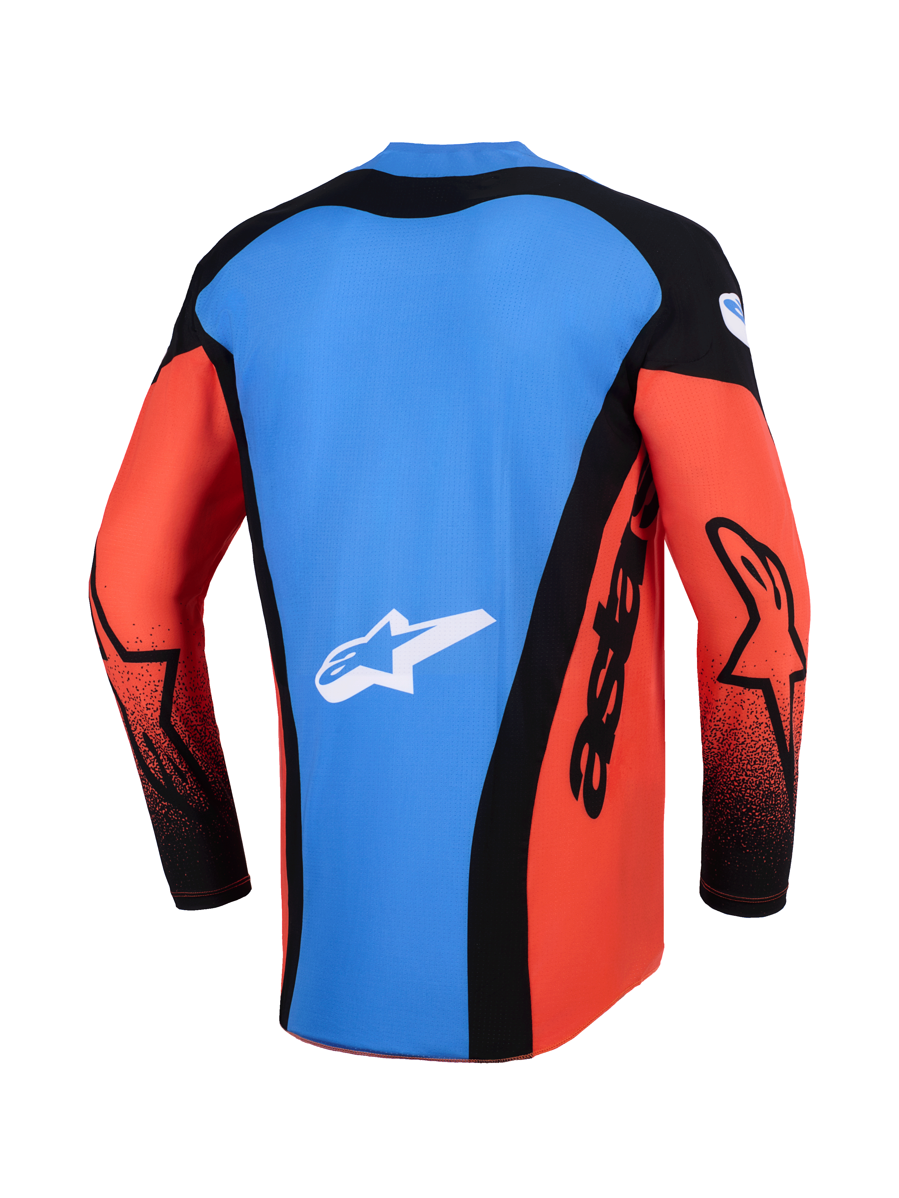 Alpinestars 2026 Techstar Knif Jersey, Motocross-Jersey, Rückansicht in Orange, Schwarz und UCLA-Blau, mit blauem Rückenteil mit weißem Stern-Logo, schwarzen Seitenteilen mit "astars"-Branding und orangefarbenen Ärmeln mit schwarzen Akzenten, leichte Performance-Ausrüstung für Offroad-Rennen