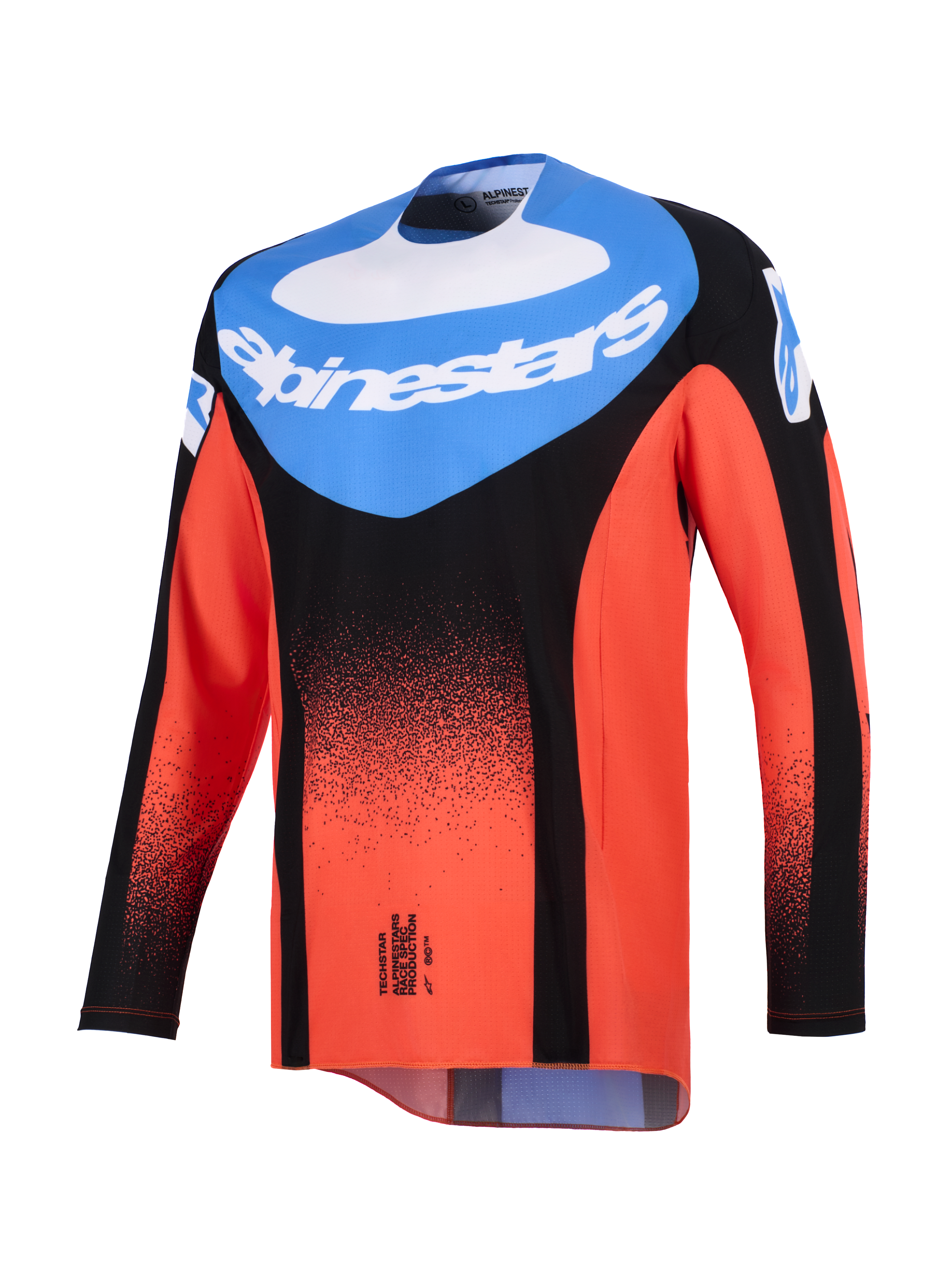 Alpinestars 2026 Techstar Knif Jersey, Motocross-Trikot, Orange, Schwarz und UCLA Blau, Vorderansicht mit einem blauen Brusteinsatz mit weißem Alpinestars-Logo und einem schwarzen punktierten Farbverlauf auf den orangenen Ärmeln und dem Körper, Performance-Offroad-Rennausrüstung.