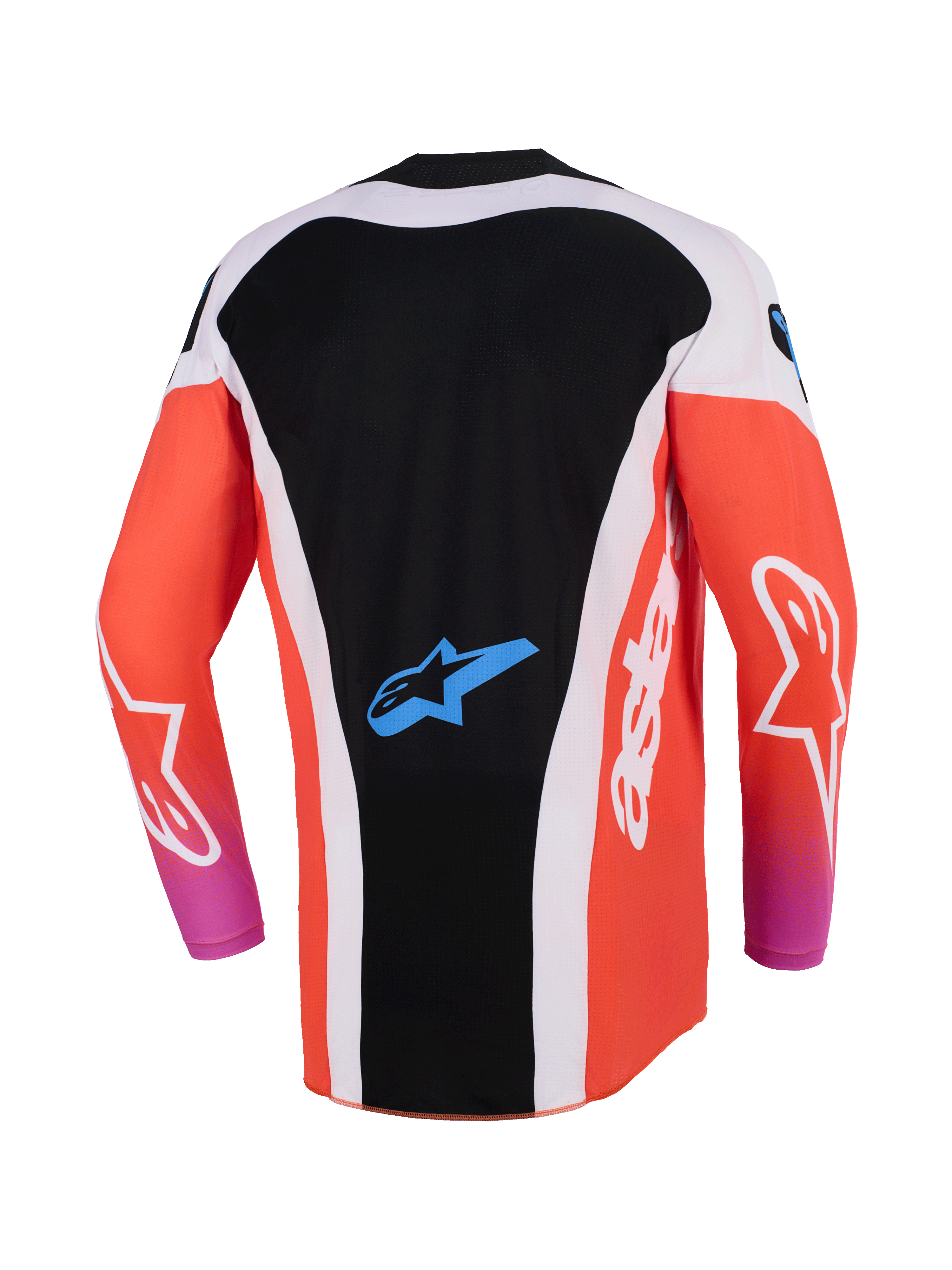 Alpinestars 2026 Techstar Knif Trikot, Motocross-Trikot, Schwarz und Fluo-Orange, Rückansicht mit verlängertem Rückenteil, weiße Seiteneinsätze, blaues Astar-Logo am unteren Rücken, langärmlig, Hochleistungs-Rennausrüstung