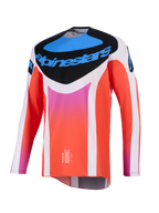 Alpinestars 2026 Techstar Knif Jersey, Motocross-Jersey, Weiß und Orange mit blauen und pinken Akzenten, schwarzes Brustpanel mit Alpinestars-Logo, technische Langarm-Rennausrüstung für Offroad-Performance.