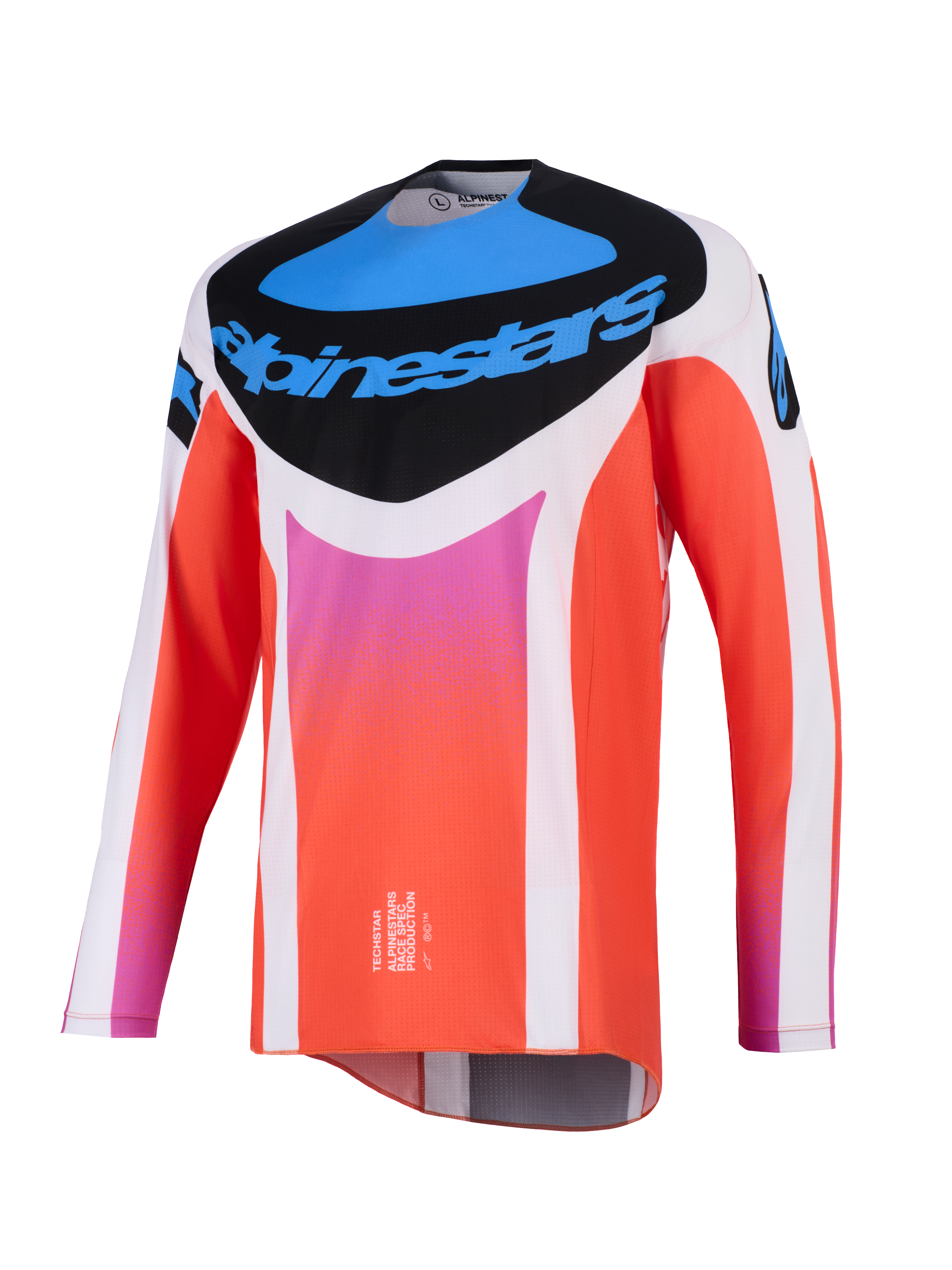 Alpinestars 2026 Techstar Knif Jersey, Motocross-Jersey, Weiß und Orange mit blauen und pinken Akzenten, schwarzes Brustpanel mit Alpinestars-Logo, technische Langarm-Rennausrüstung für Offroad-Performance.