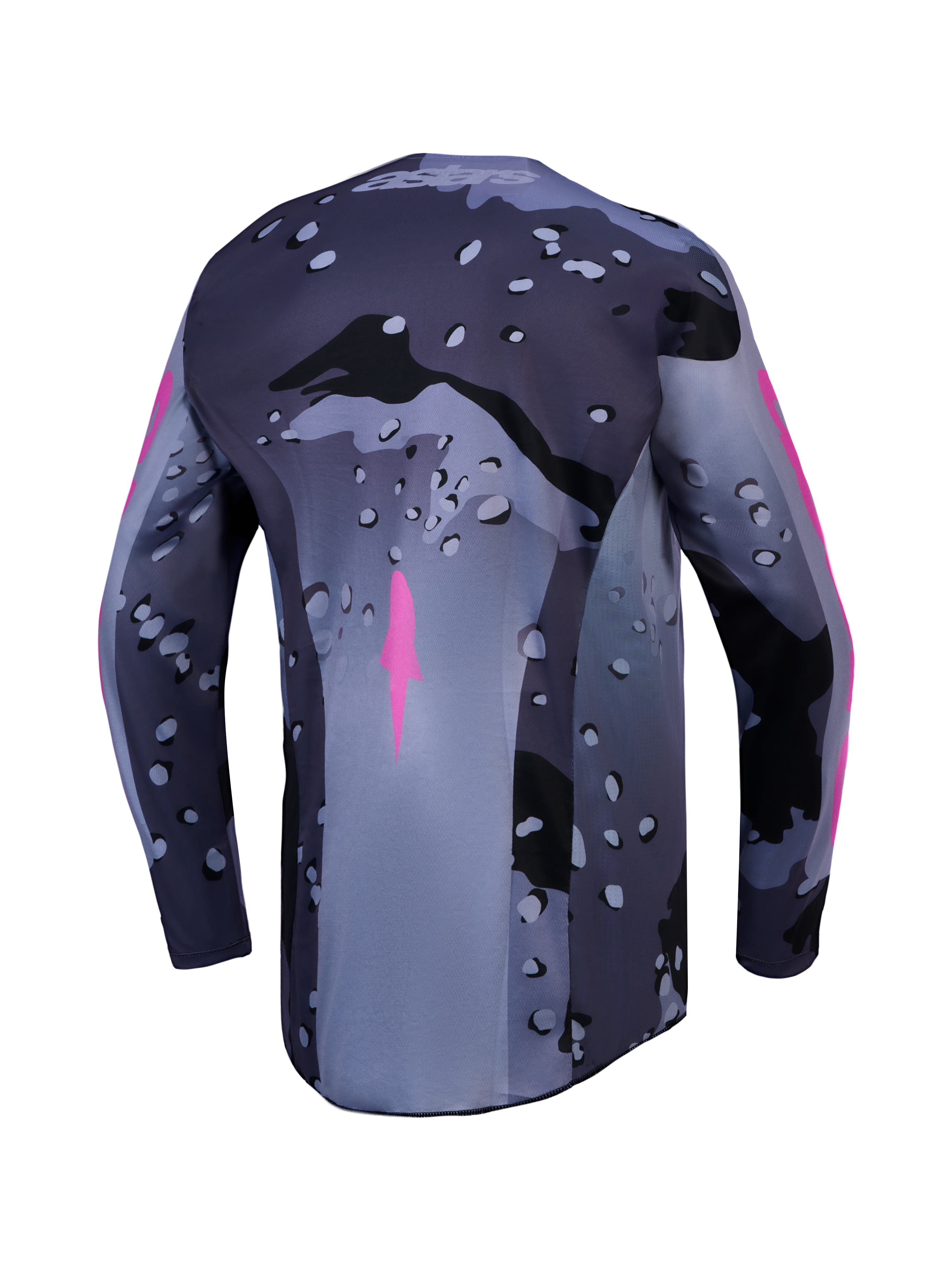 Alpinestars Racer Lone Trikot, Herren-Motocross-Trikot, Grau-Camo, Violett, Rückansicht, feuchtigkeitsableitendes Polygewebe