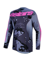 Alpinestars Racer Lone Trikot, Herren-Motocross-Trikot, Grau-Camo und Lila, feuchtigkeitsableitendes Polygewebe.