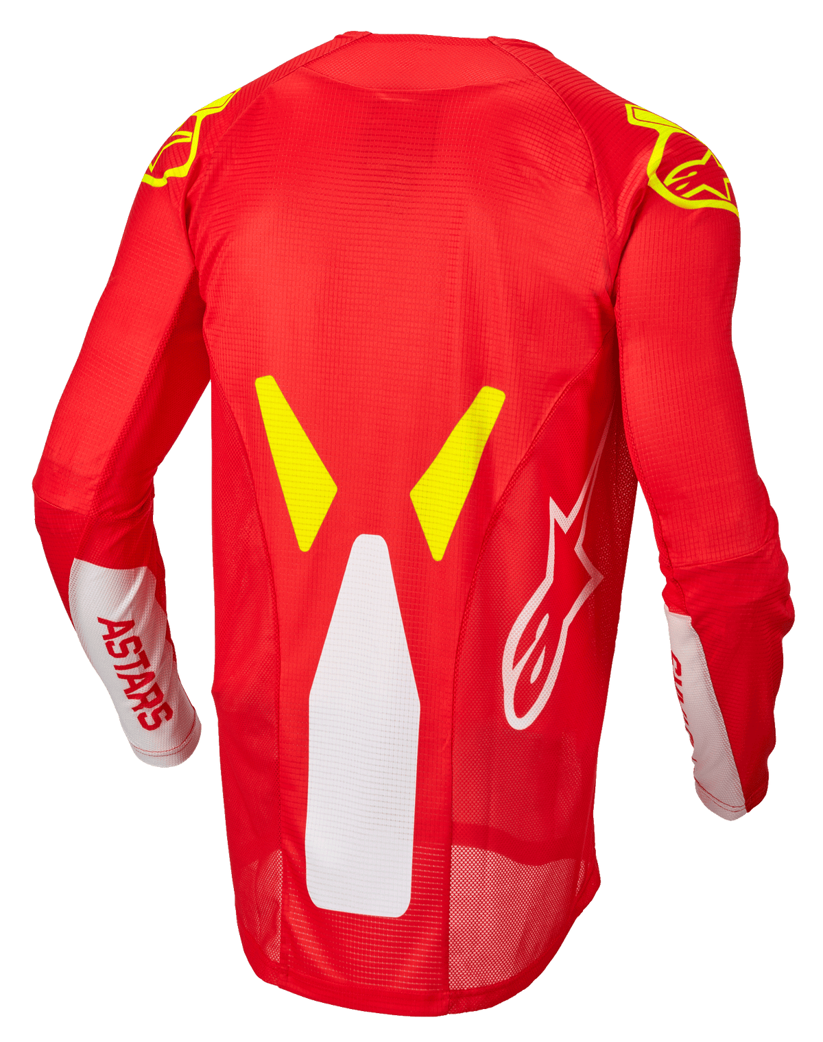 Alpinestars Techstar Factory Jersey, Motocross-Trikot, Rot Fluo, Weiß und Gelb Fluo, Rückansicht mit Mesh-Belüftungseinsätzen und verlängertem Rückenprofil, weißes ASTARS-Branding auf den Ärmeln und gelbe Fluo-Grafikakzente auf den Schultern.