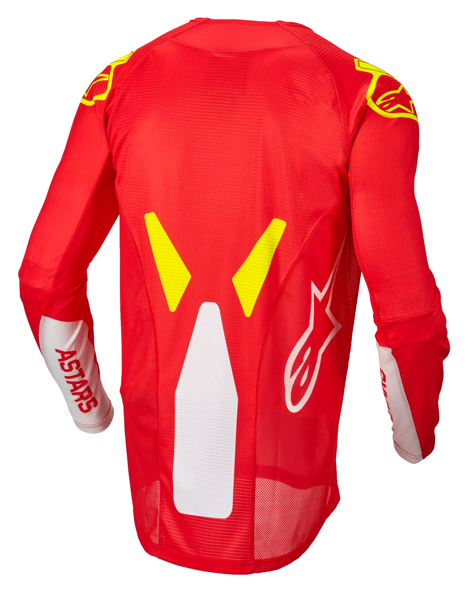 Alpinestars Techstar Factory Jersey, Motocross-Trikot, Rot Fluo, Weiß und Gelb Fluo, Rückansicht mit Mesh-Belüftungseinsätzen und verlängertem Rückenprofil, weißes ASTARS-Branding auf den Ärmeln und gelbe Fluo-Grafikakzente auf den Schultern.