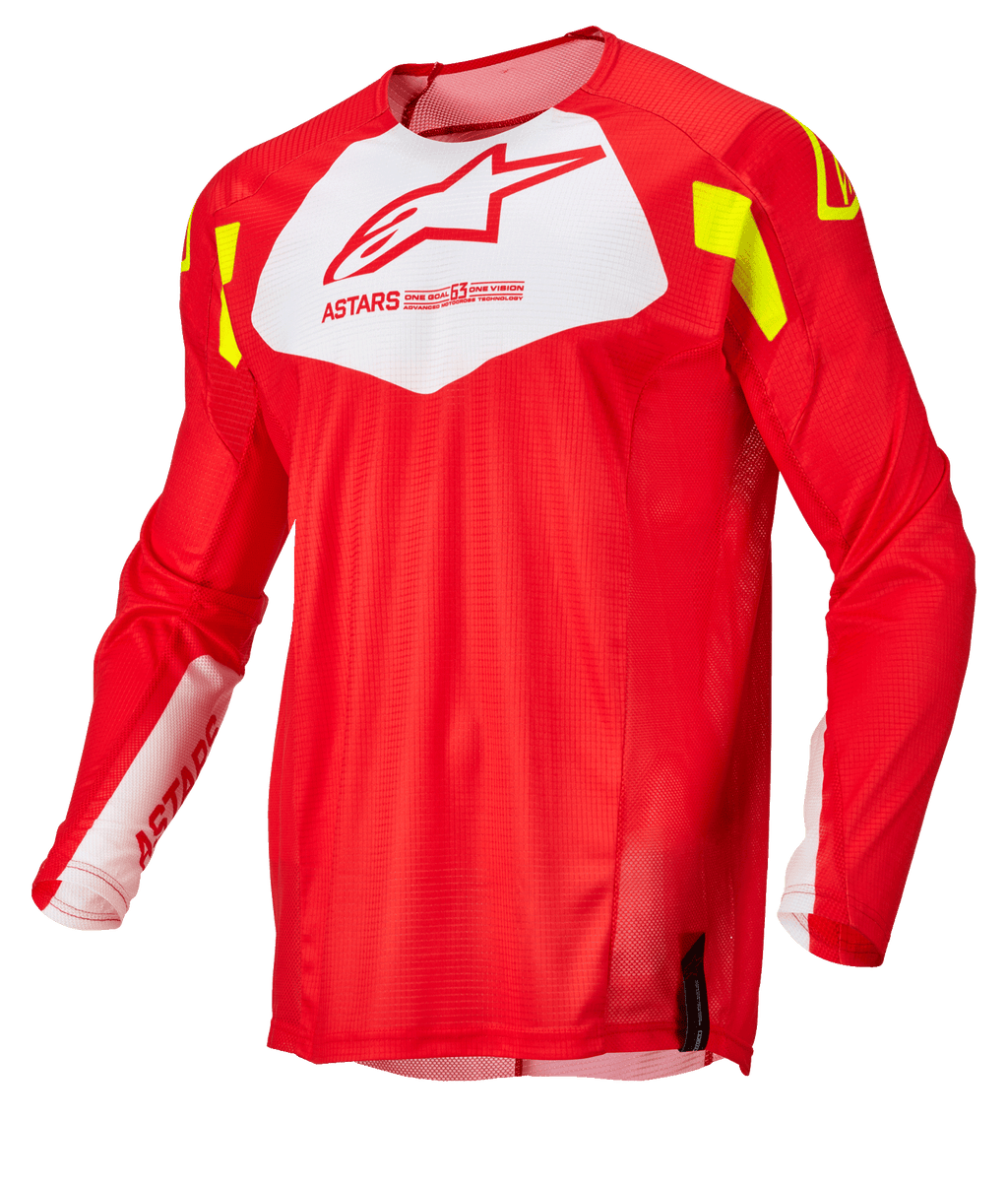 Alpinestars Techstar Factory Trikot, Motocross-Trikot, Rot Fluo mit weißem Brustbereich und Gelb Fluo Akzenten, leichtes atmungsaktives Mesh-Gewebe, langärmeliges Design für den Offroad-Rennsport