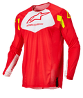 Alpinestars Techstar Factory Trikot, Motocross-Trikot, Rot Fluo mit weißem Brustbereich und Gelb Fluo Akzenten, leichtes atmungsaktives Mesh-Gewebe, langärmeliges Design für den Offroad-Rennsport