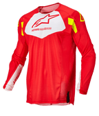 Alpinestars Techstar Factory Trikot, Motocross-Trikot, Rot Fluo mit weißem Brustbereich und Gelb Fluo Akzenten, leichtes atmungsaktives Mesh-Gewebe, langärmeliges Design für den Offroad-Rennsport