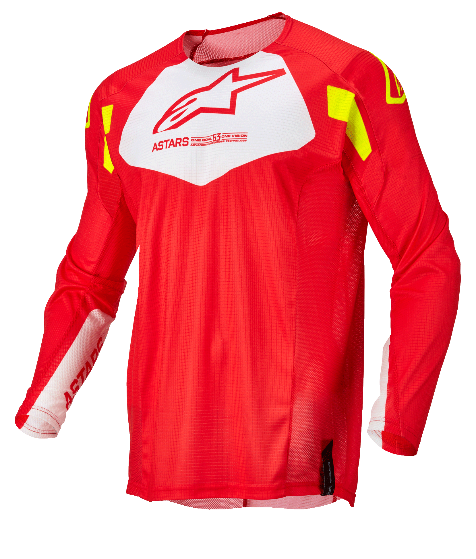 Alpinestars Techstar Factory Trikot, Motocross-Trikot, Rot Fluo mit weißem Brustbereich und Gelb Fluo Akzenten, leichtes atmungsaktives Mesh-Gewebe, langärmeliges Design für den Offroad-Rennsport