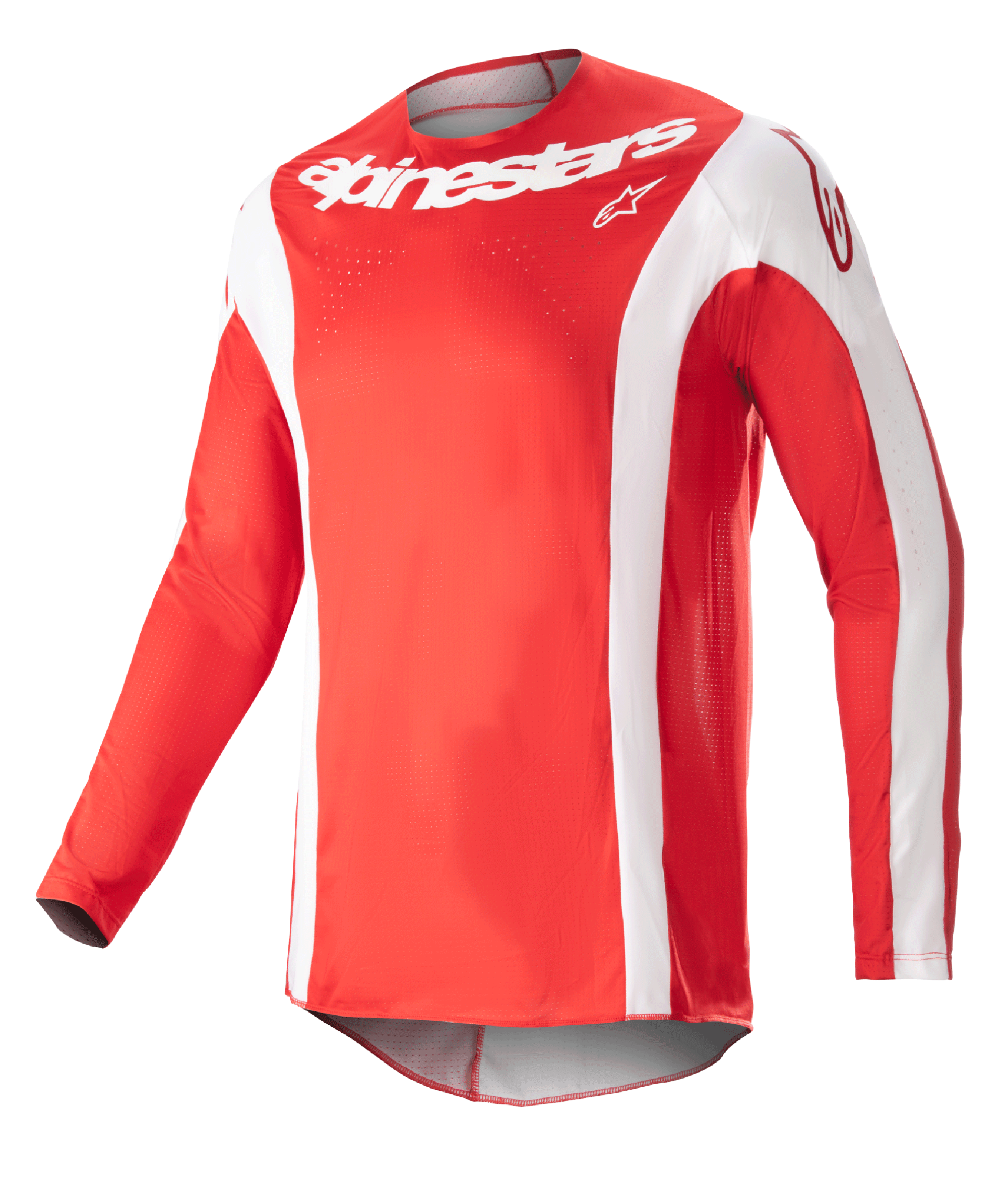 Alpinestars 2023 Techstar Arch Jersey, Motocross-Trikot, Mars-Rot und Weiß, weißer Alpinestars-Schriftzug auf der Brust, perforiertes Funktionsgewebe, lange Ärmel mit weißen Akzenten, sportliches Design für Offroad-Rennsport