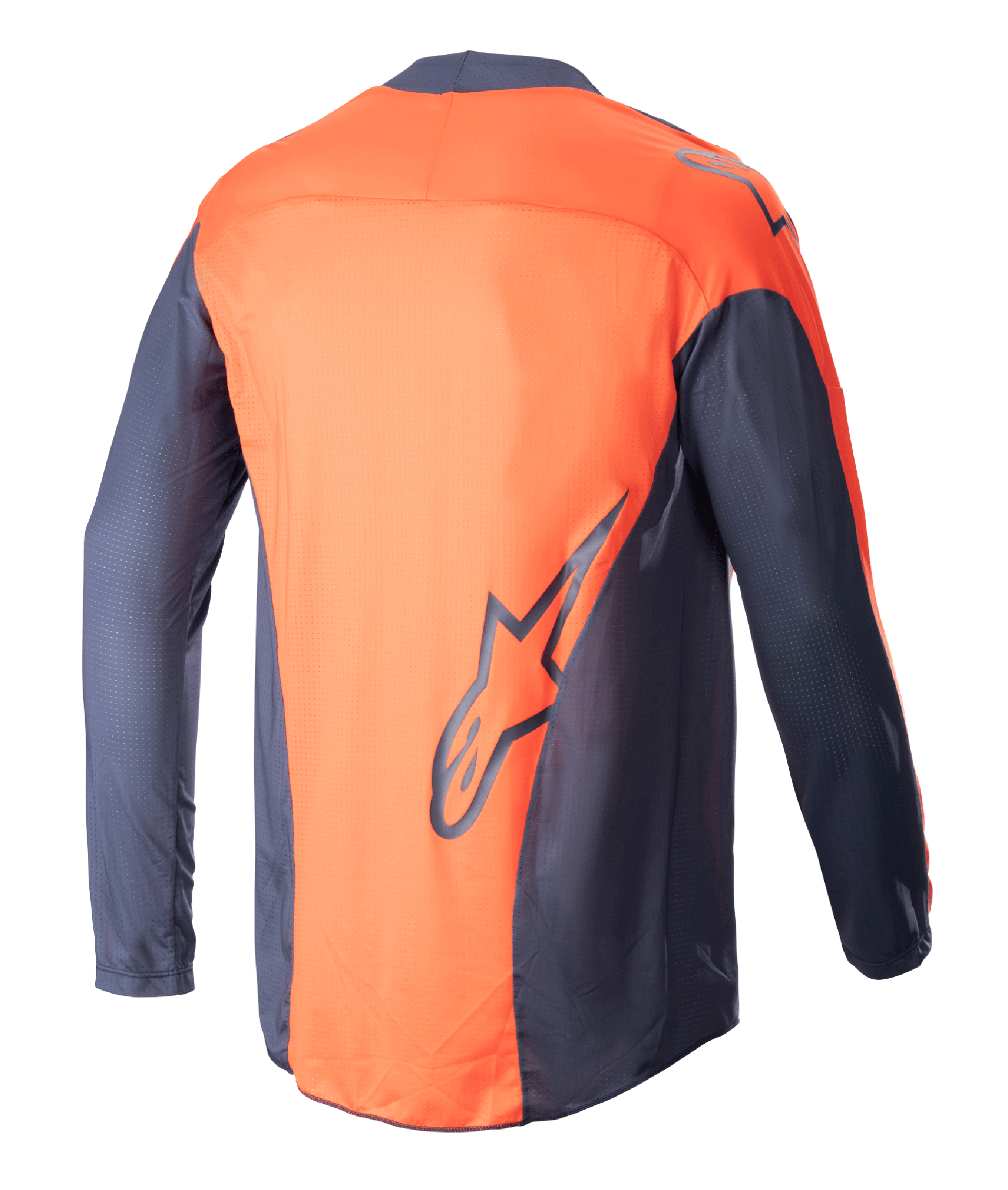 Alpinestars 2023 Techstar Arch Trikot, Motocross-Trikot, Night Navy und Hot Orange, Rückansicht, leichte Mesh-Konstruktion, großes dunkelblaues Alpinestars-Logo auf dem unteren Rücken, verlängerte Rückenpartie für bessere Abdeckung beim Fahren