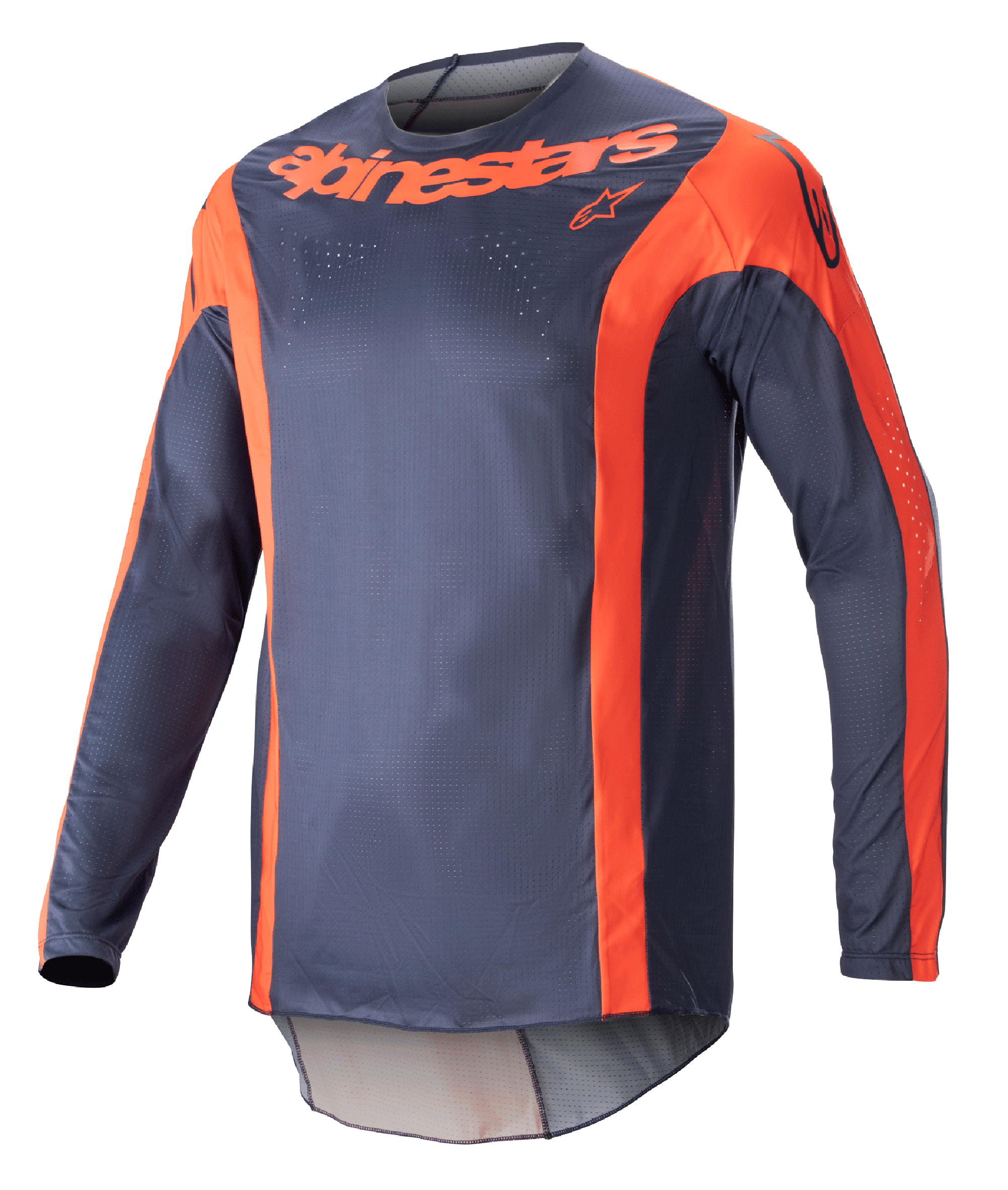 Alpinestars 2023 Techstar Arch Trikot, Langarm-Motocross-Jersey, Night Navy und Hot Orange, mit vertikalen orangefarbenen Akzenten und Branding auf der Brust, leichtes Mesh-Gewebe für Offroad-Performance