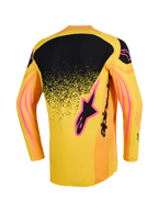 Alpinestars 2026 Techstar Nomur Trikot, Motocross-Trikot, Orange, Gelb und Pink, Rückansicht mit schwarzem oberem Rückenpanel mit gesprenkeltem Farbverlauf, pinkfarbenen Logo-Akzenten und wellenförmigen Grafikmustern auf den Ärmeln.