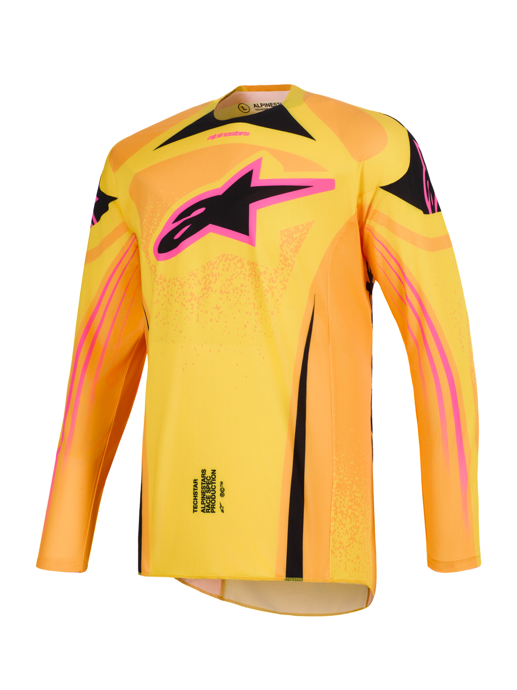 Alpinestars 2026 Techstar Nomur Trikot, Motocross-Trikot in Orange, Gelb und Pink, markantes pink-schwarzes Alpinestars Stern-Logo auf der Brust, langärmelige sportliche Rennpassform, Hochleistungs-Bekleidung für den Offroad-Wettkampf